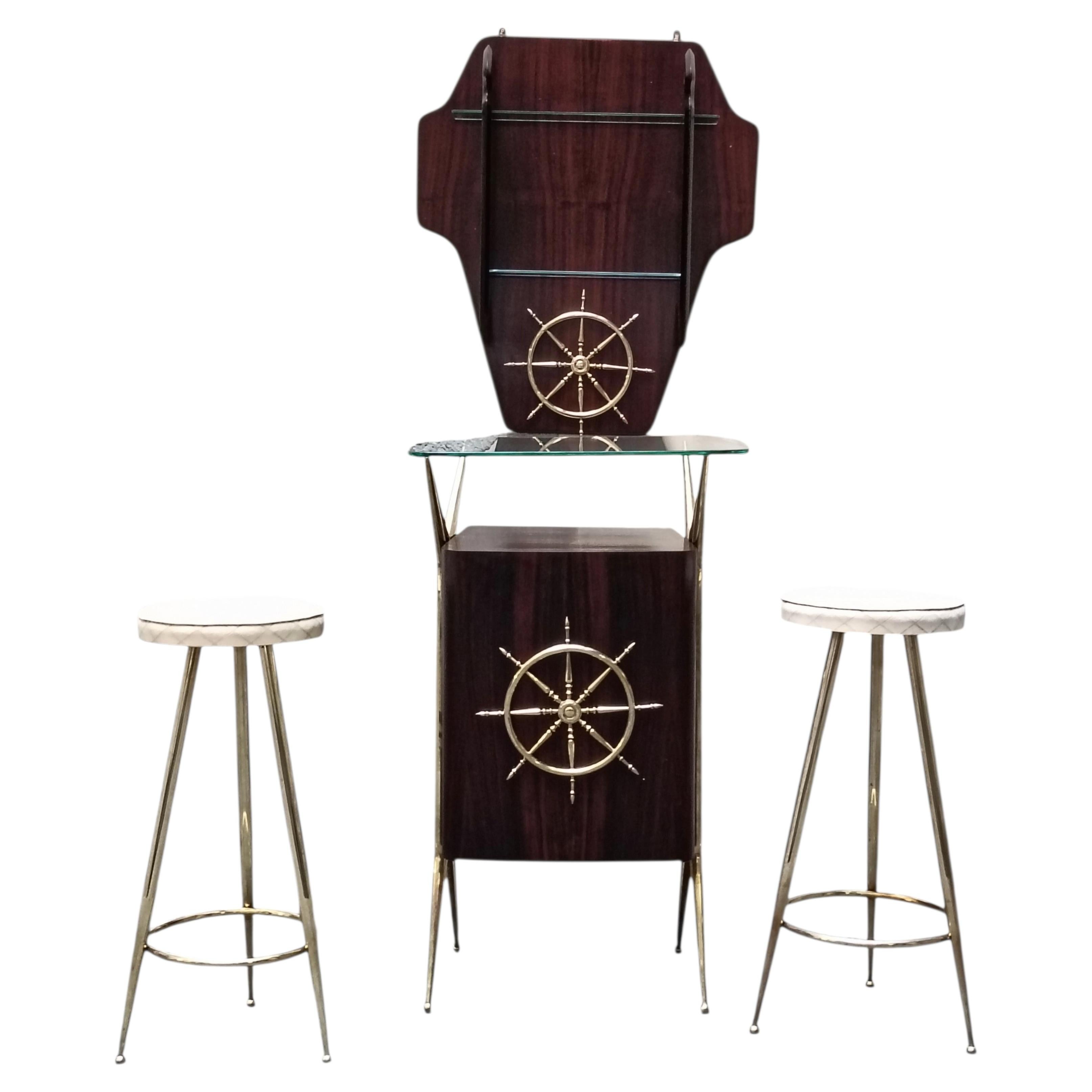 Gio Ponti Style Bar Set with Stools and Wall Cabinet, Italy, 1950s For Sale