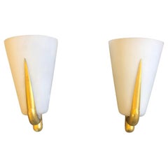 Gio Ponti Style Set of Two Mid-Century Modern Brass and Glass Wall Sconces, 1950