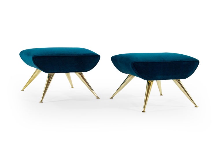 Italian Gio Ponti Style Sputnik Footstools in Aqua Velvet