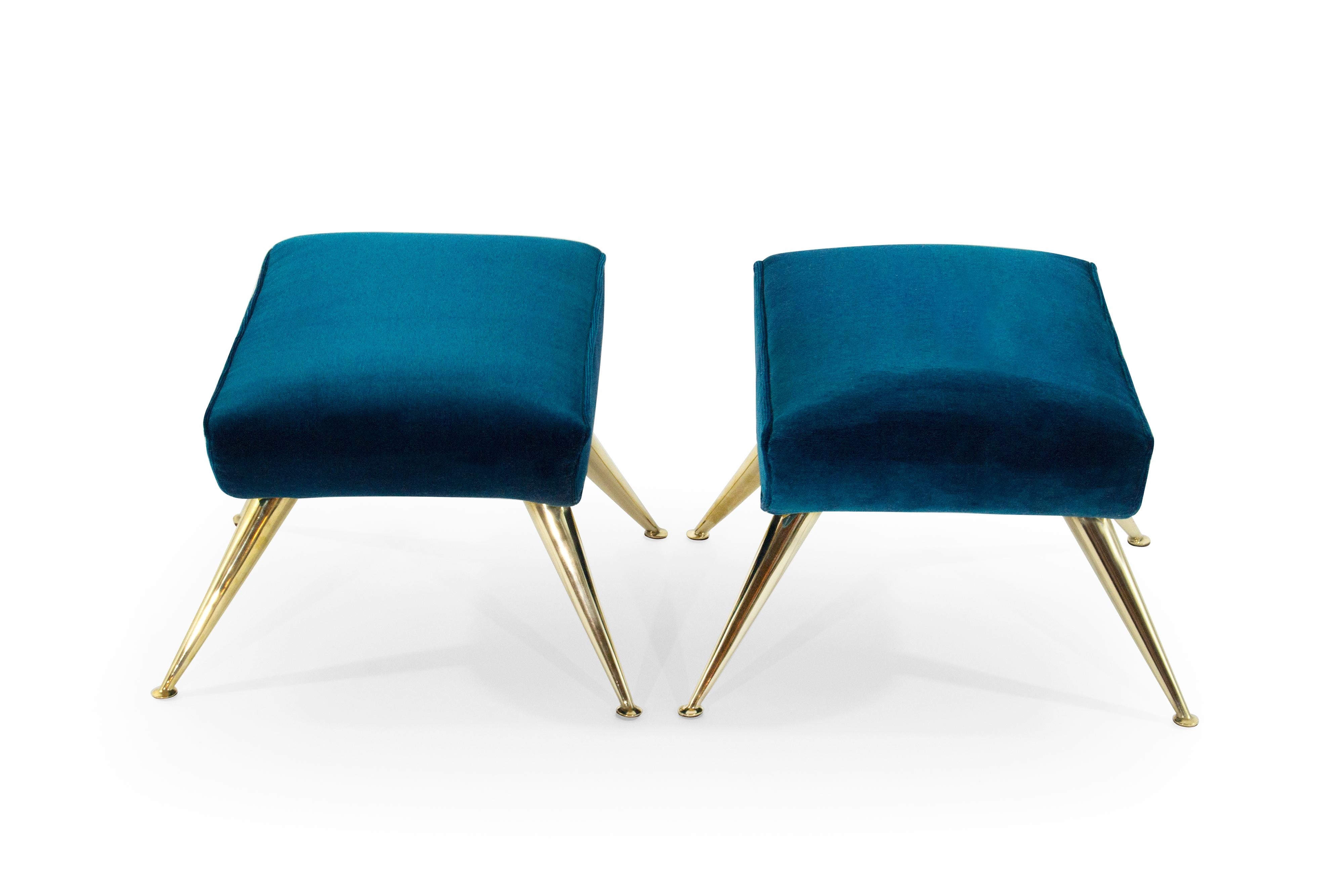 Gio Ponti Style Sputnik Footstools in Aqua Velvet In Excellent Condition In Westport, CT