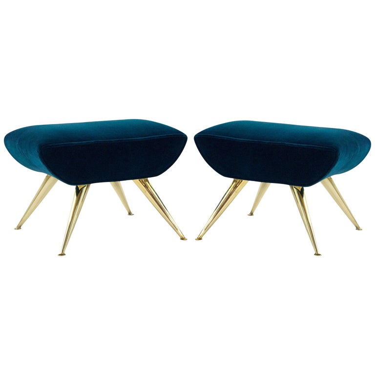 Gio Ponti Style Sputnik Footstools in Aqua Velvet