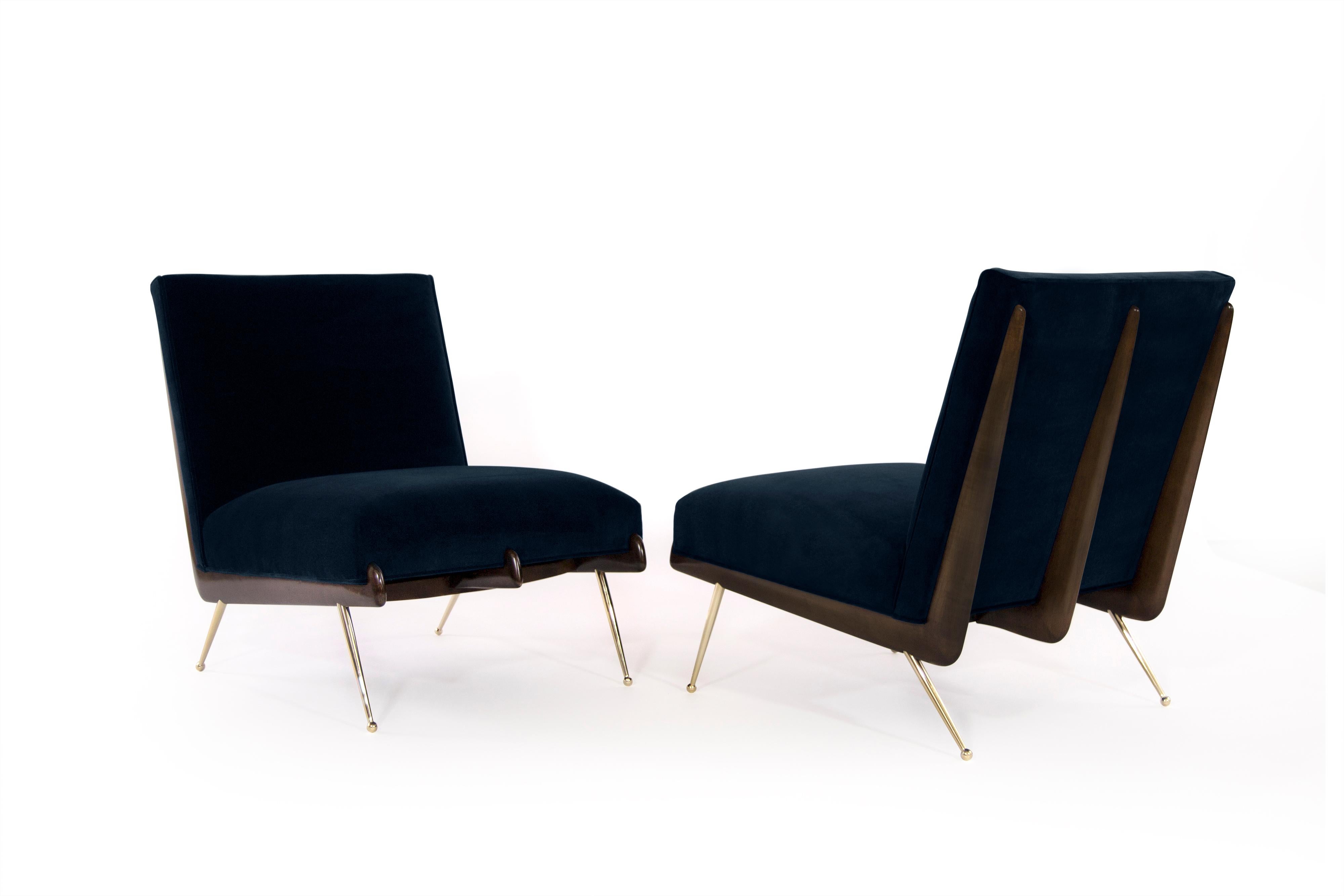 Mid-Century Modern Gio Ponti Style Walnut Boomerang Lounge Chairs on Brass Legs