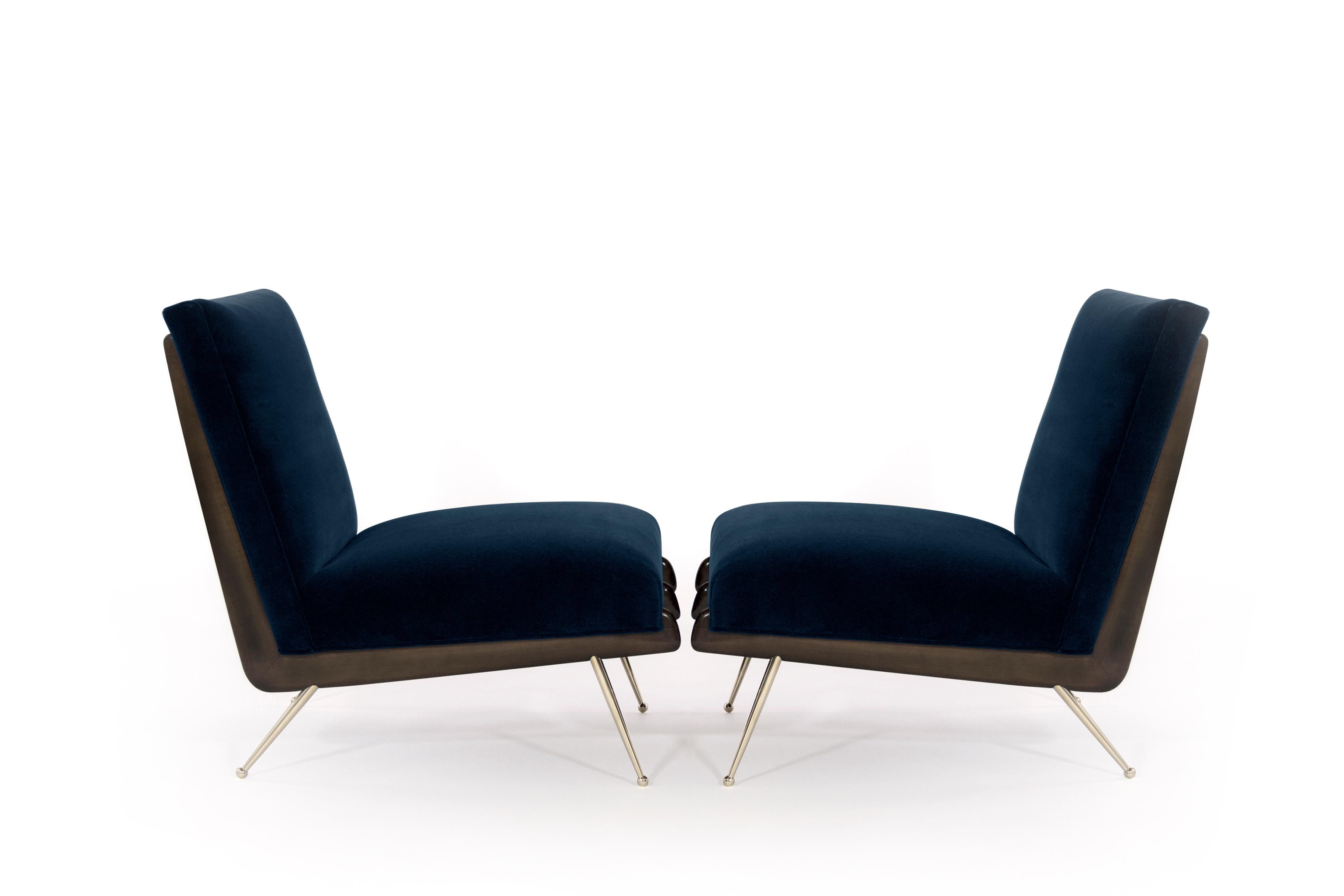 American Gio Ponti Style Walnut Boomerang Lounge Chairs on Brass Legs