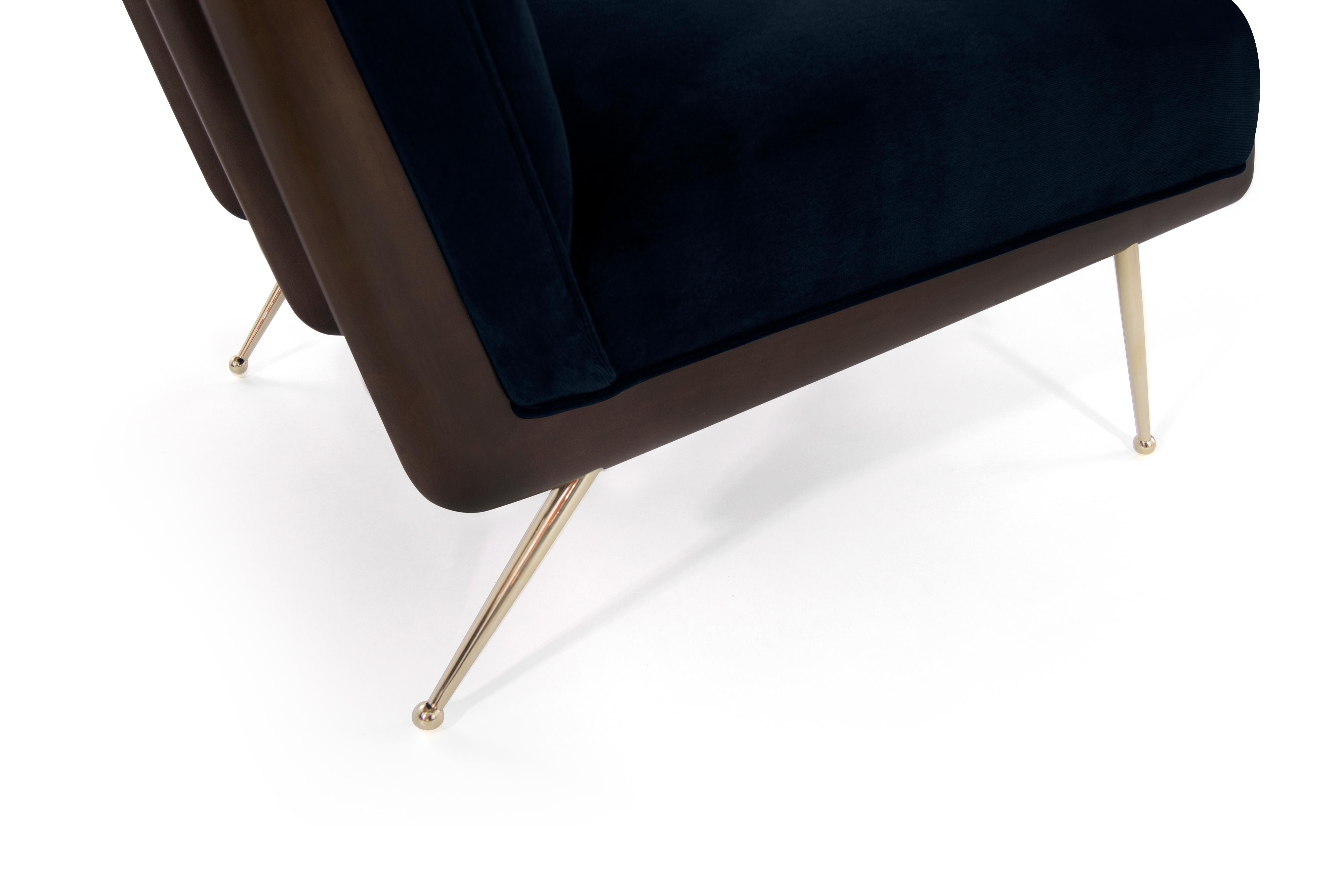 20th Century Gio Ponti Style Walnut Boomerang Lounge Chairs on Brass Legs