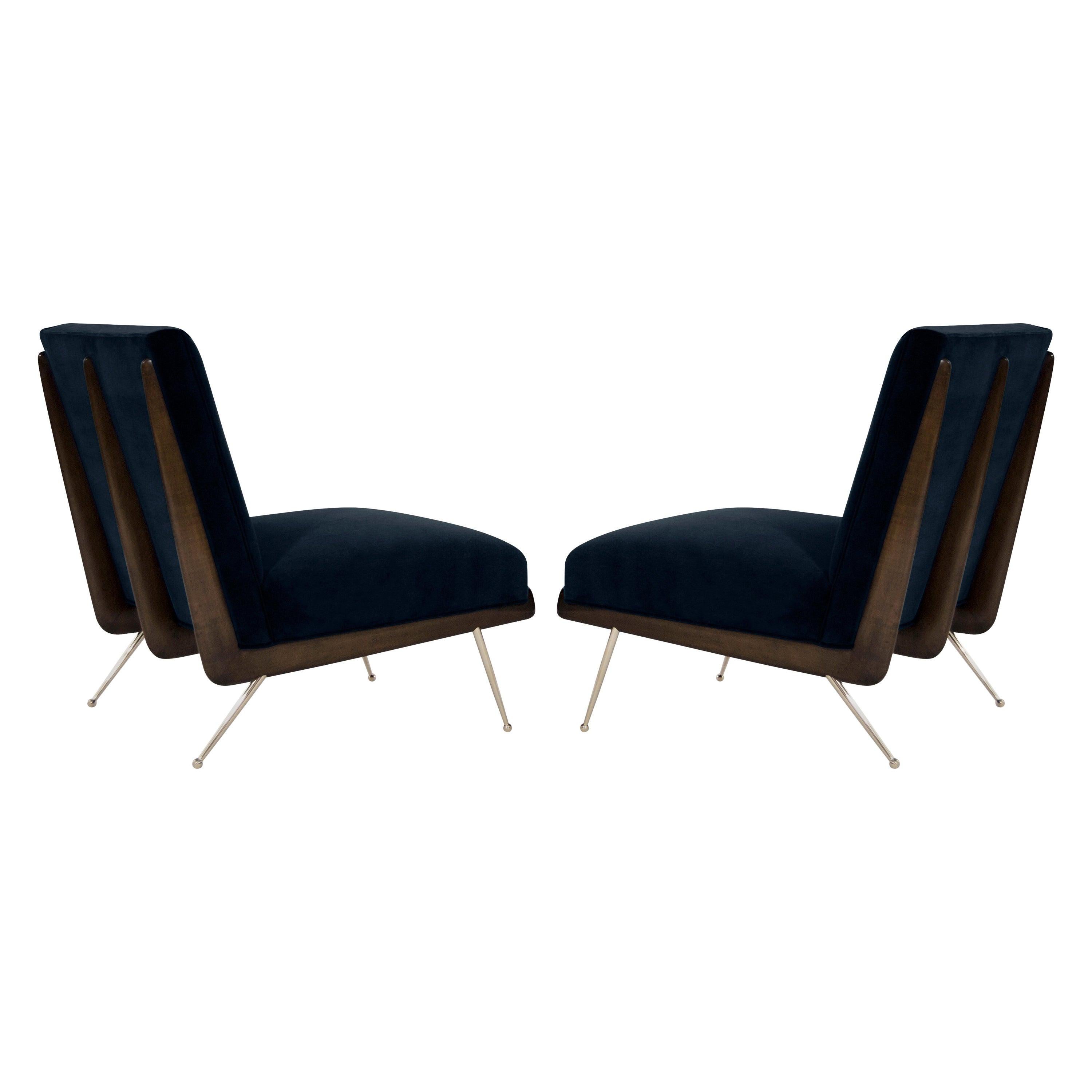 Gio Ponti Style Walnut Boomerang Lounge Chairs on Brass Legs