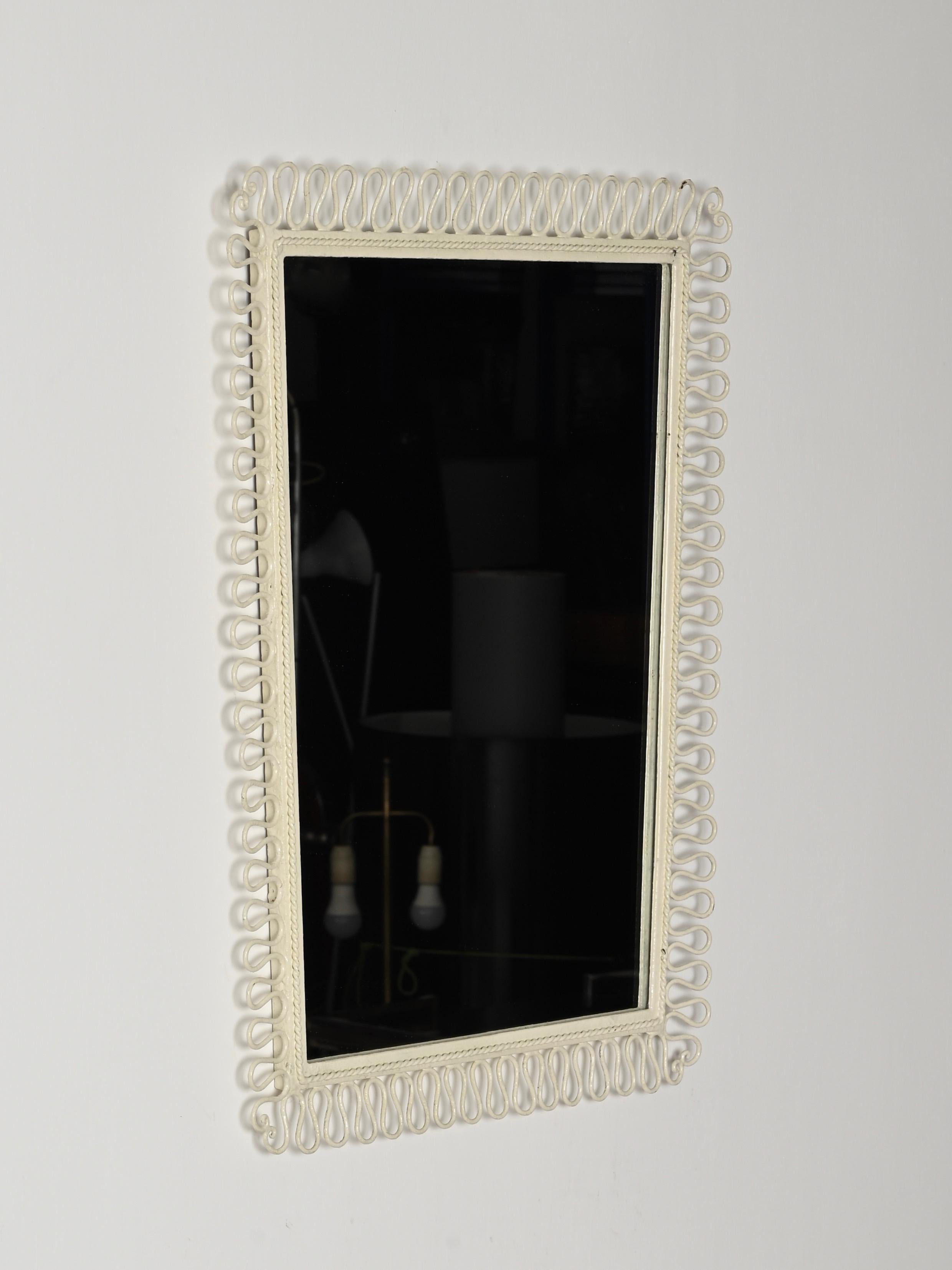 Gio Ponti Style Wrought Iron Ivory Enameled Rectangular Mirror, Italy 1950s For Sale 4
