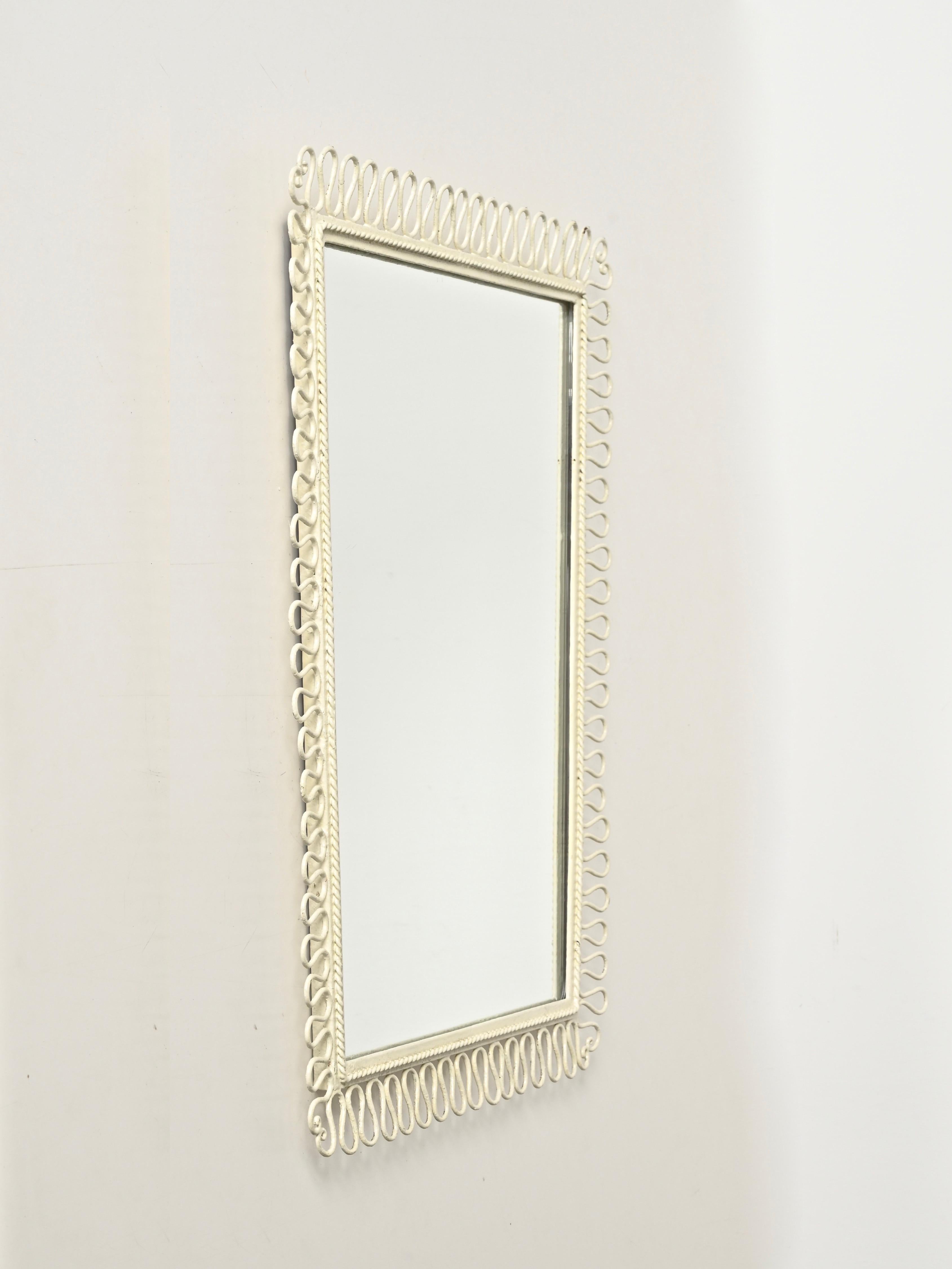 Gio Ponti Style Wrought Iron Ivory Enameled Rectangular Mirror, Italy 1950s For Sale 5