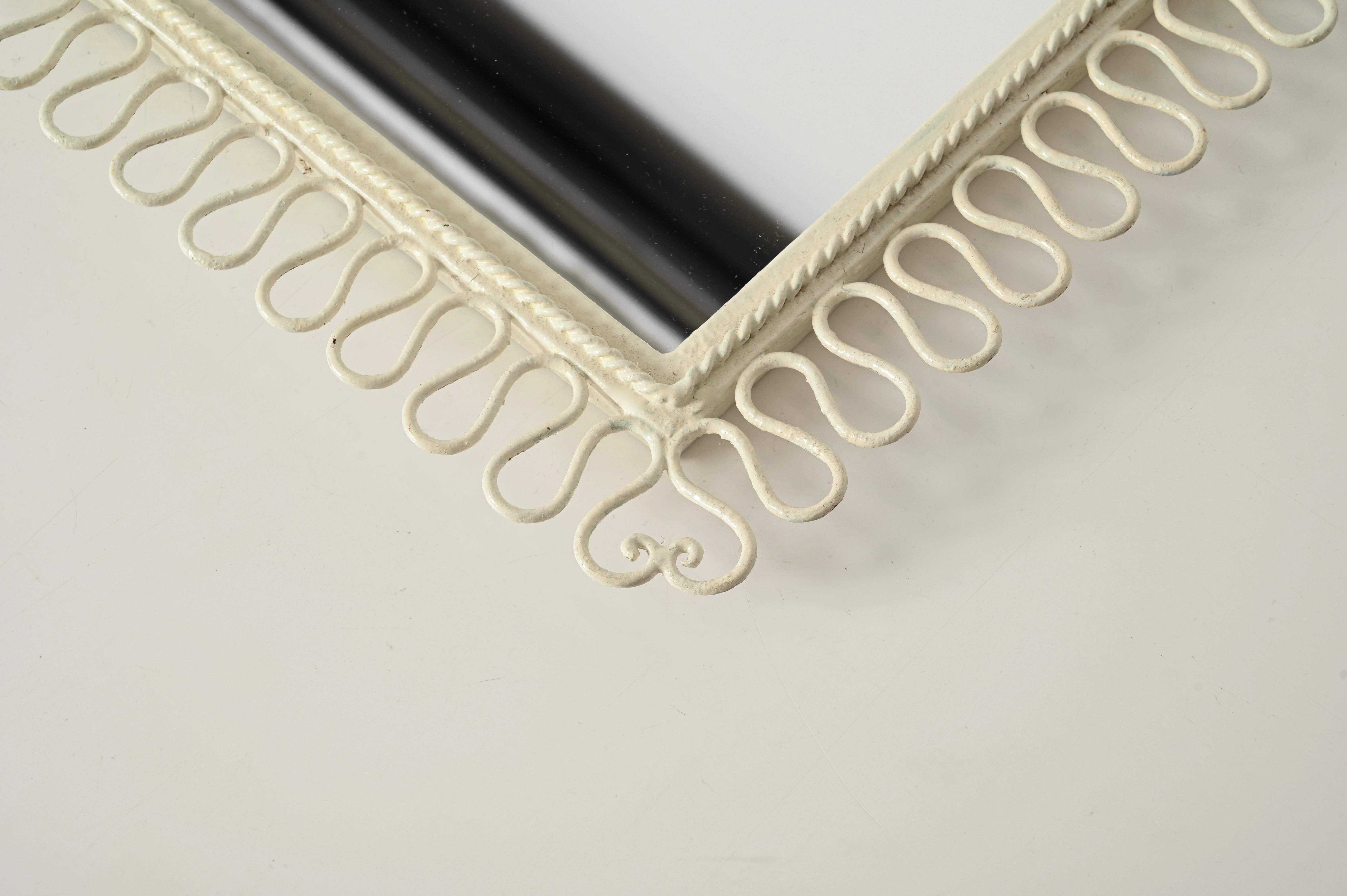 Gio Ponti Style Wrought Iron Ivory Enameled Rectangular Mirror, Italy 1950s For Sale 6