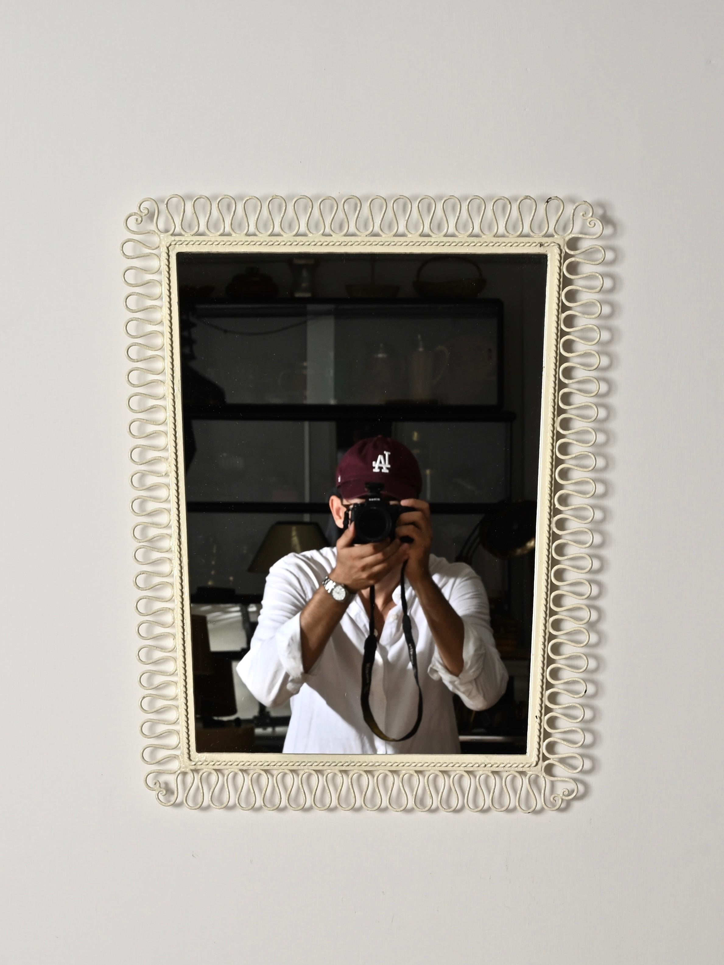 Mid-Century Modern Gio Ponti Style Wrought Iron Ivory Enameled Rectangular Mirror, Italy 1950s For Sale