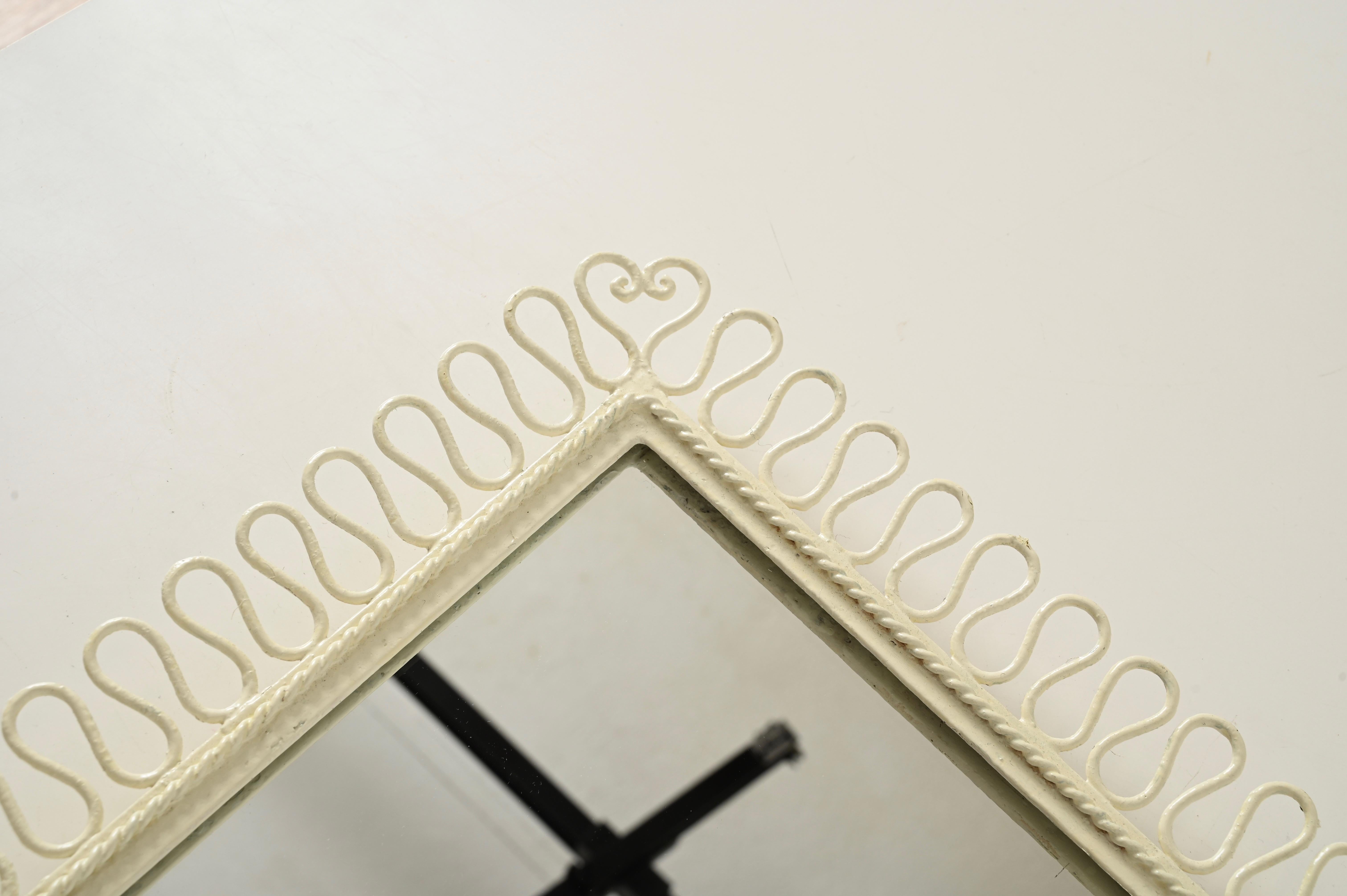 Italian Gio Ponti Style Wrought Iron Ivory Enameled Rectangular Mirror, Italy 1950s For Sale