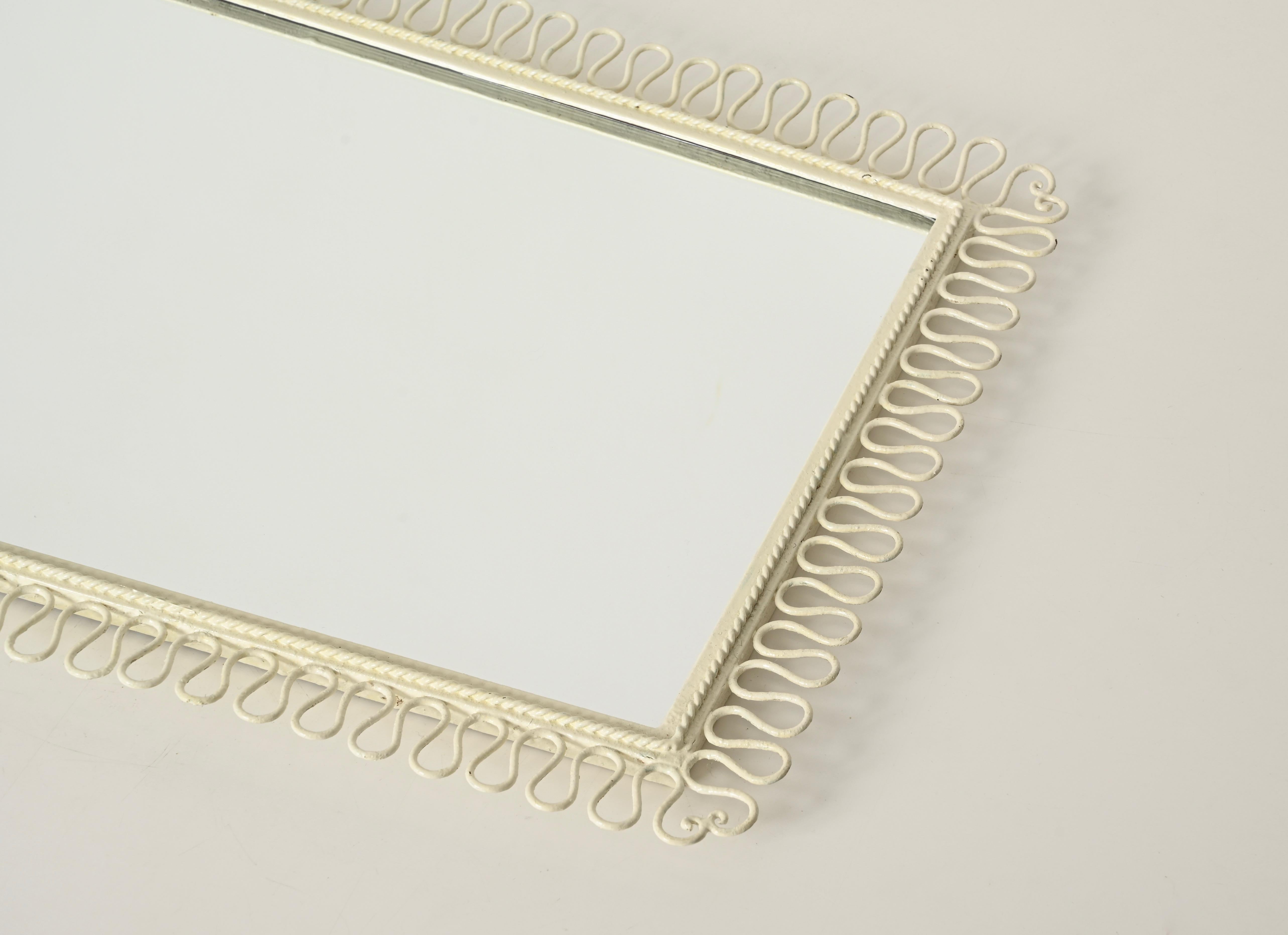 Gio Ponti Style Wrought Iron Ivory Enameled Rectangular Mirror, Italy 1950s In Good Condition For Sale In Roma, IT