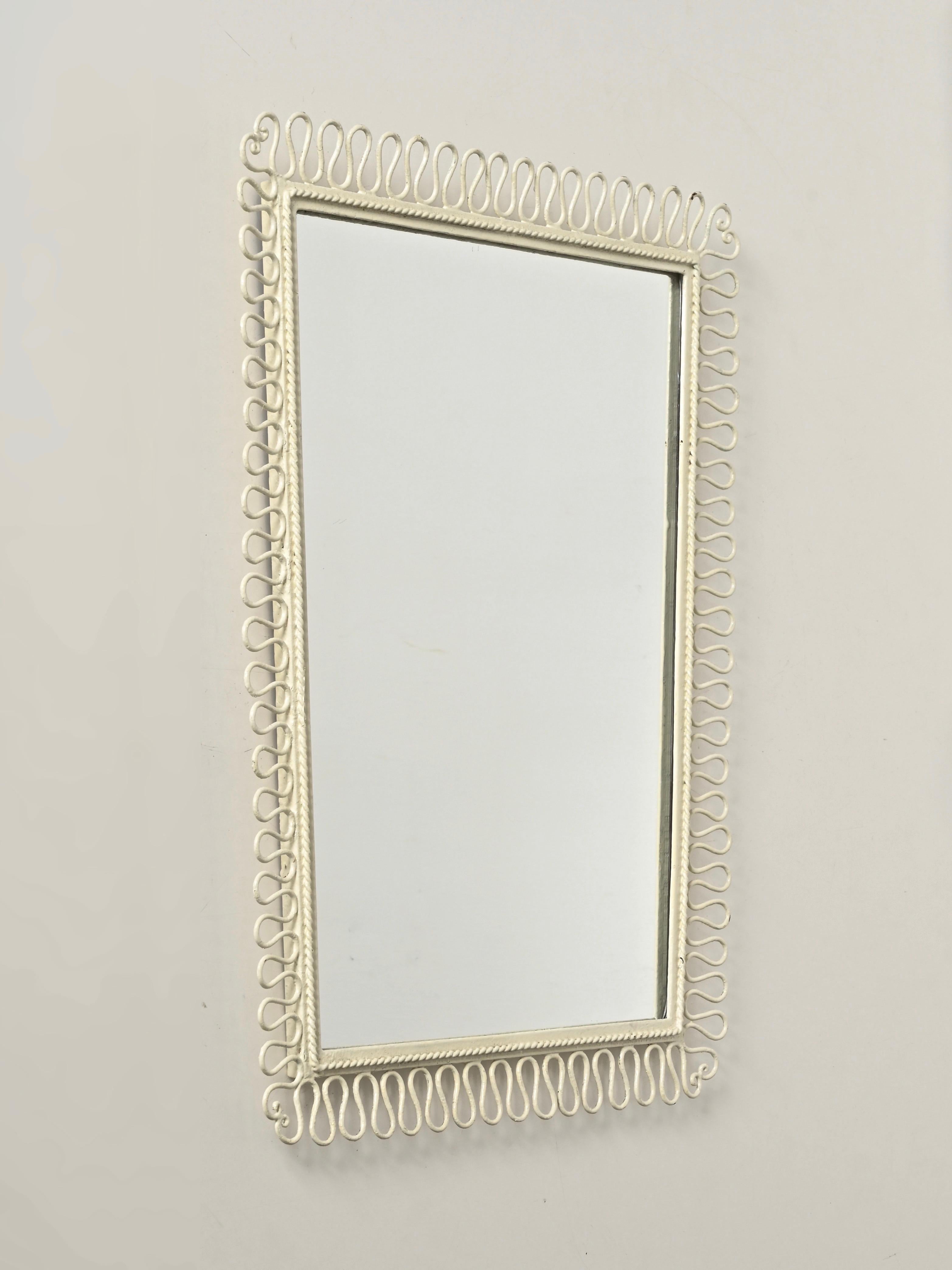 20th Century Gio Ponti Style Wrought Iron Ivory Enameled Rectangular Mirror, Italy 1950s For Sale