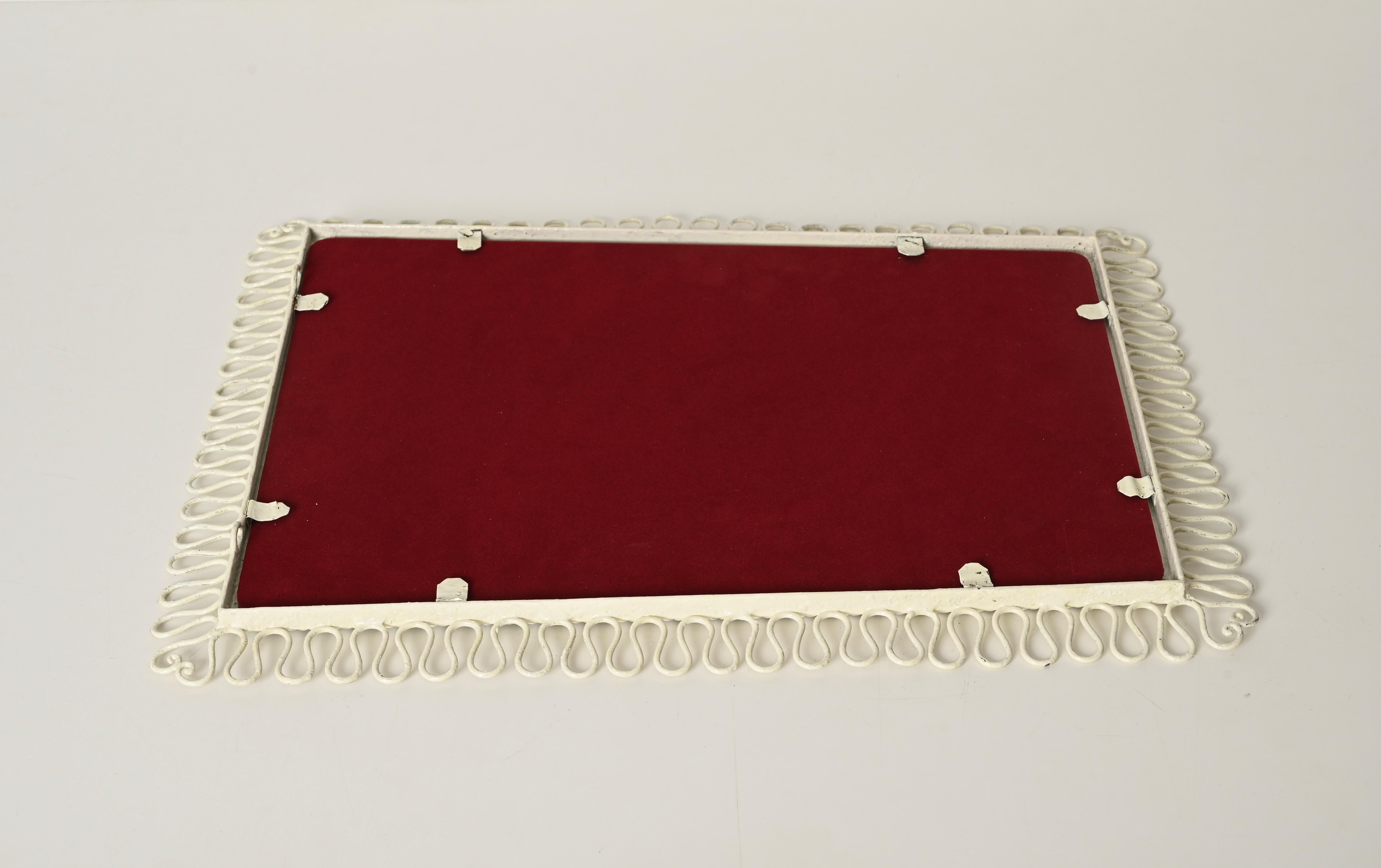 Metal Gio Ponti Style Wrought Iron Ivory Enameled Rectangular Mirror, Italy 1950s For Sale