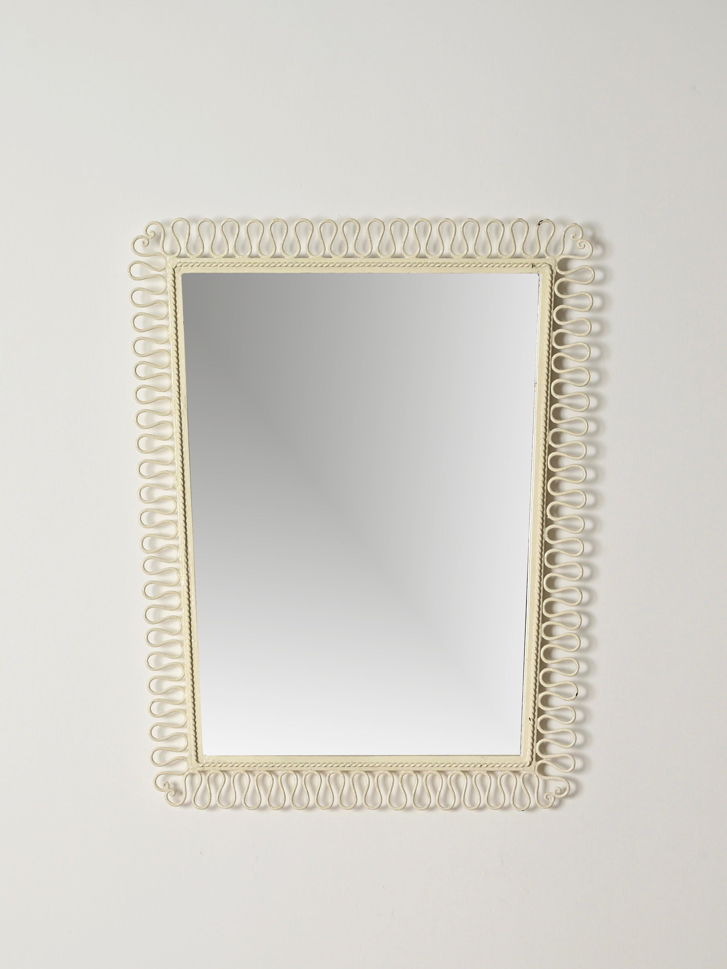 Gio Ponti Style Wrought Iron Ivory Enameled Rectangular Mirror, Italy 1950s For Sale 2