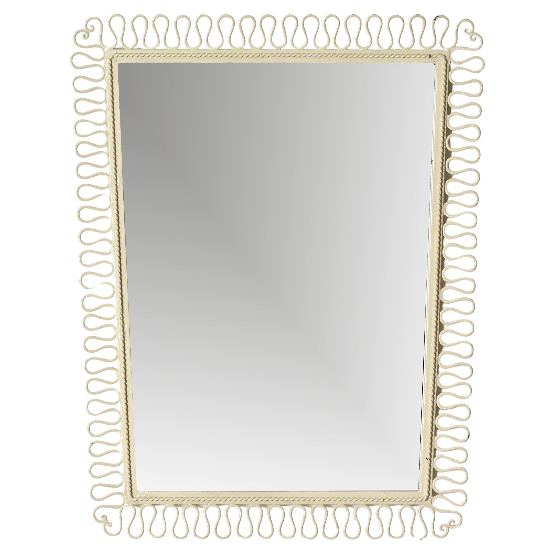Gio Ponti Style Wrought Iron Ivory Enameled Rectangular Mirror, Italy 1950s For Sale