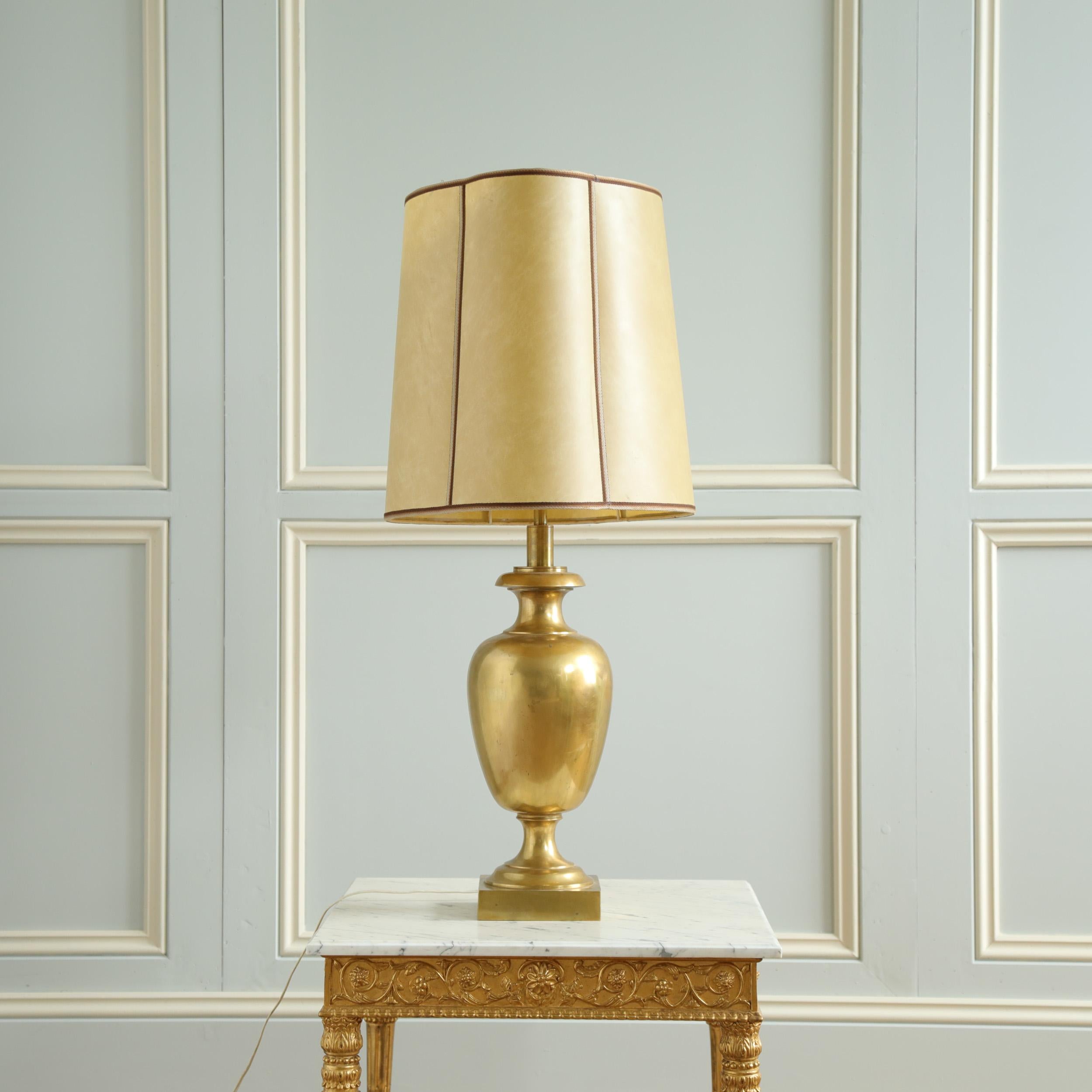 Italian Brass Lamp with Parchment Shade For Sale