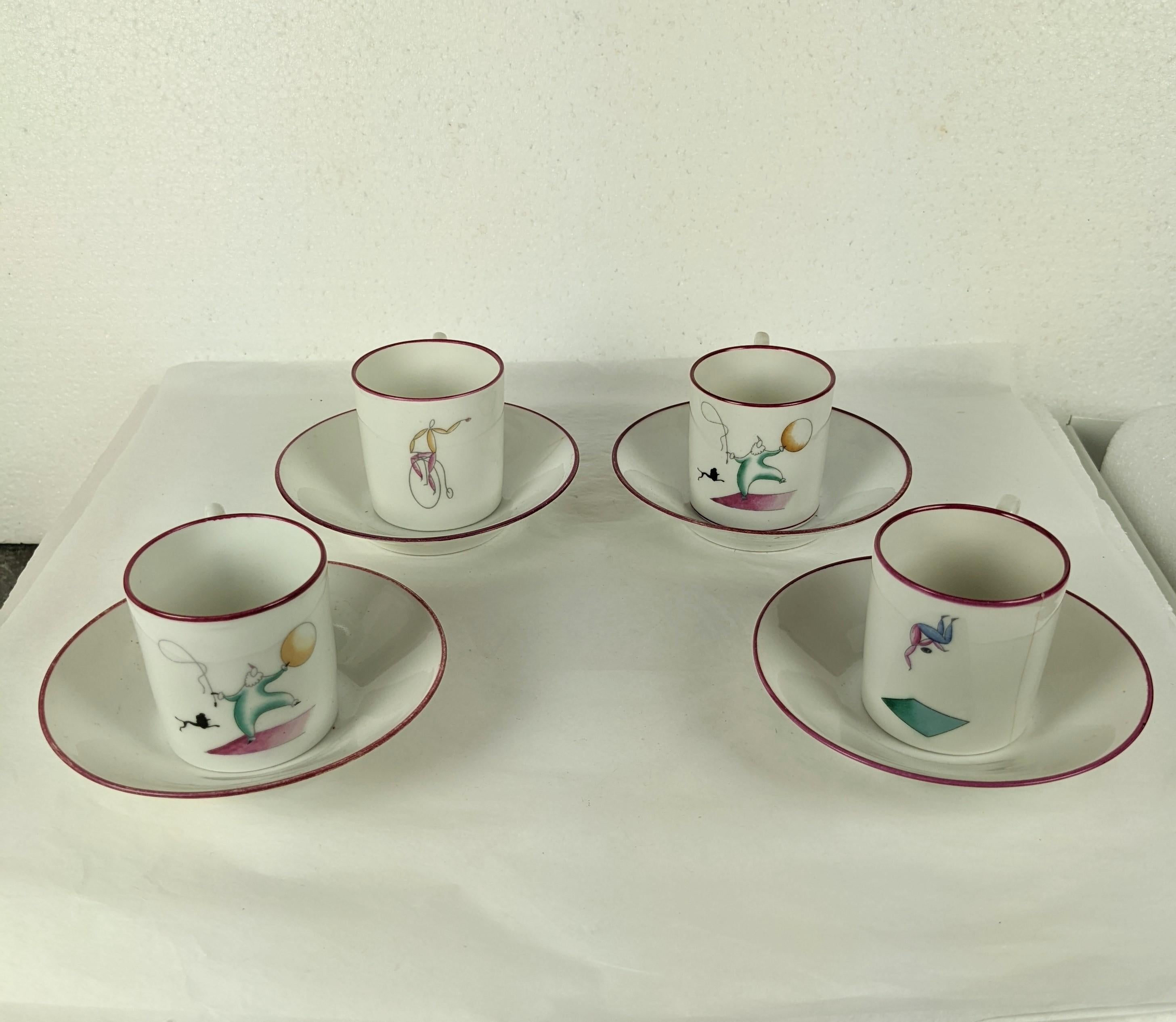 Set of 4 Il Circo (circus) tea cups and saucers from the mid 1930's Italy designed by Gio Ponti for Ginori. Each decorated with a charming Modernist figure of a circus performer.
Measures: Cups 2