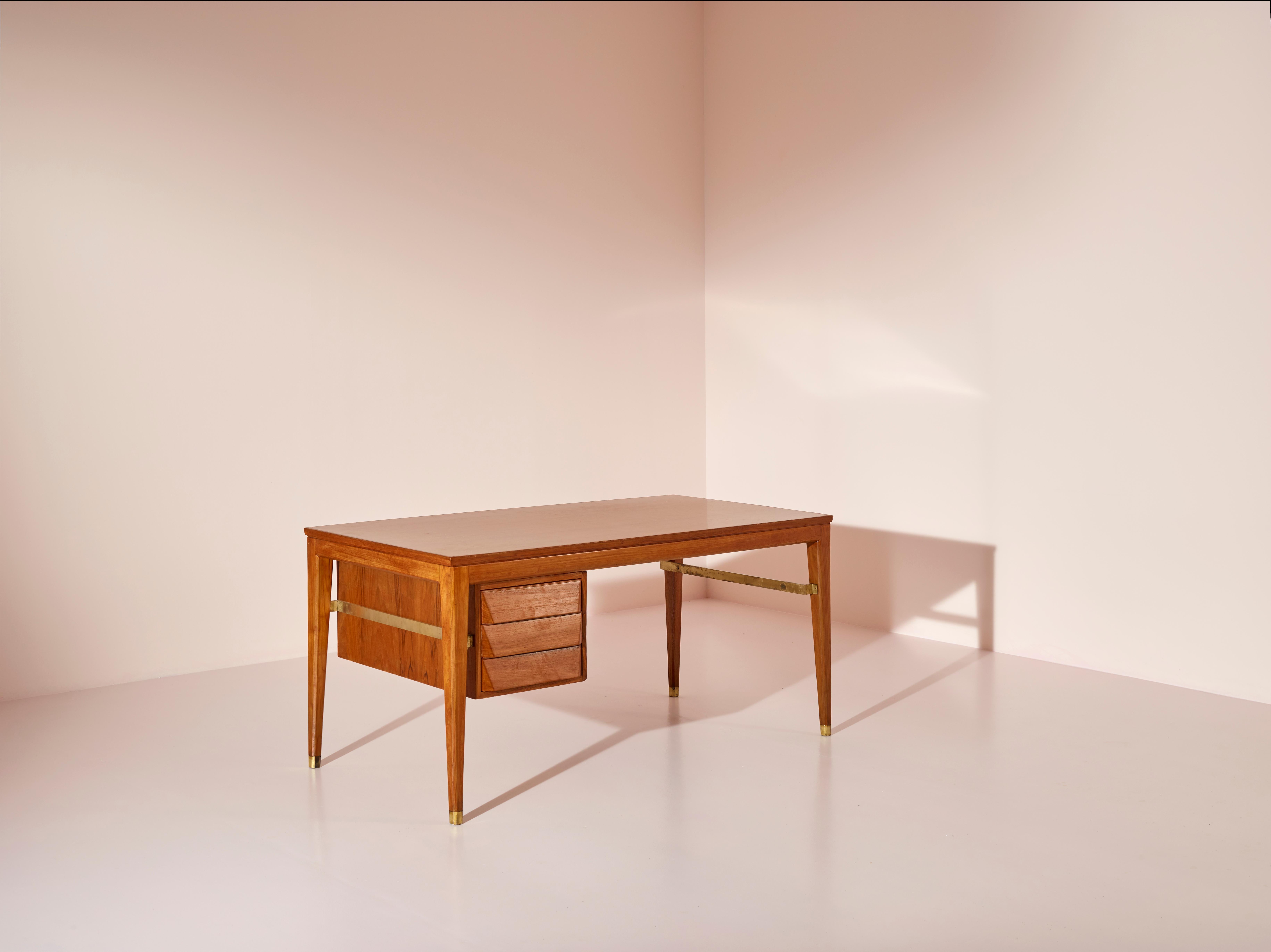 Italian Gio Ponti Teak and Brass Desk Designed for the BNL Offices, ISA Bergamo, 1950s For Sale