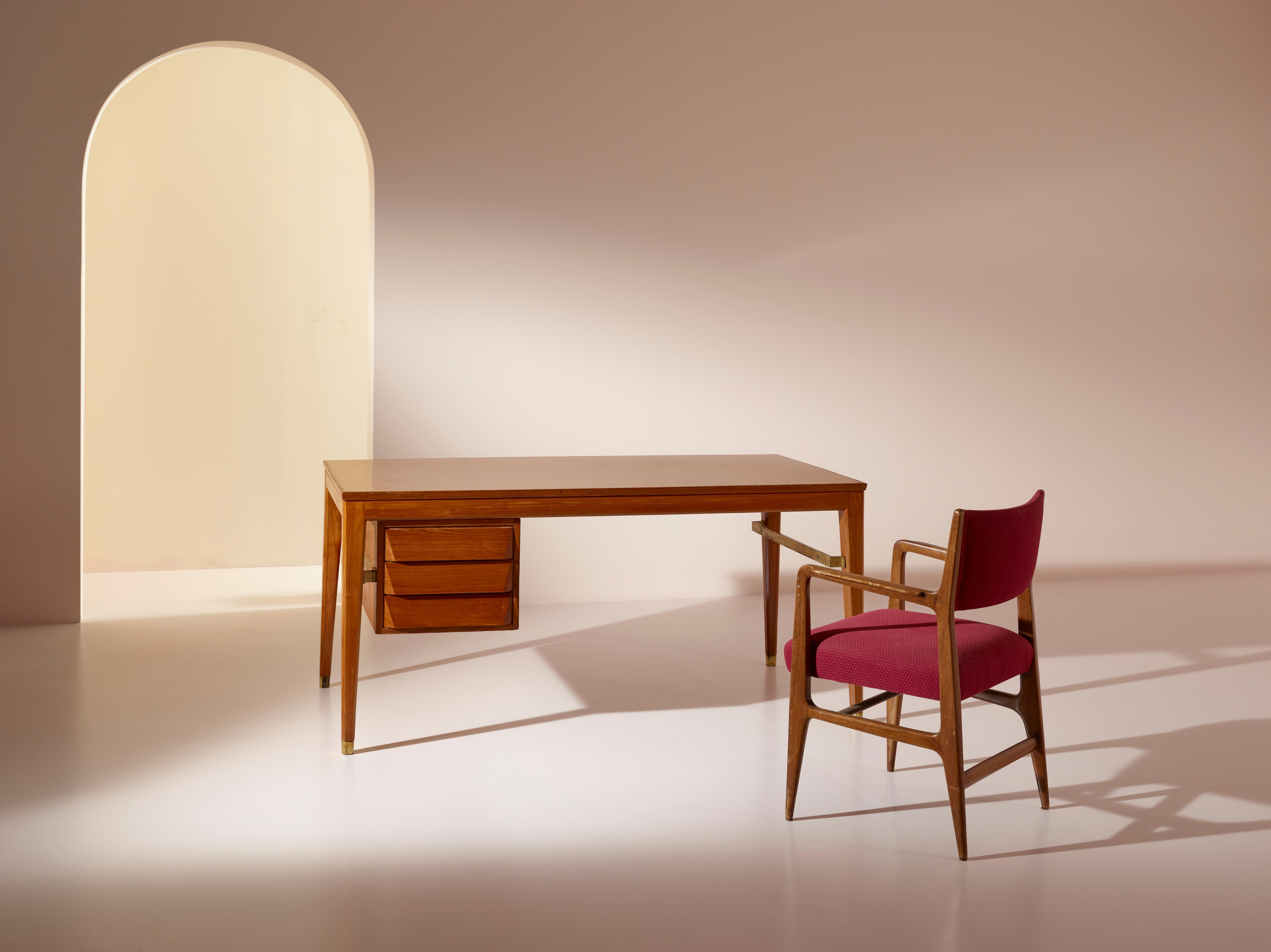 Mid-20th Century Gio Ponti Teak and Brass Desk Designed for the BNL Offices, ISA Bergamo, 1950s For Sale