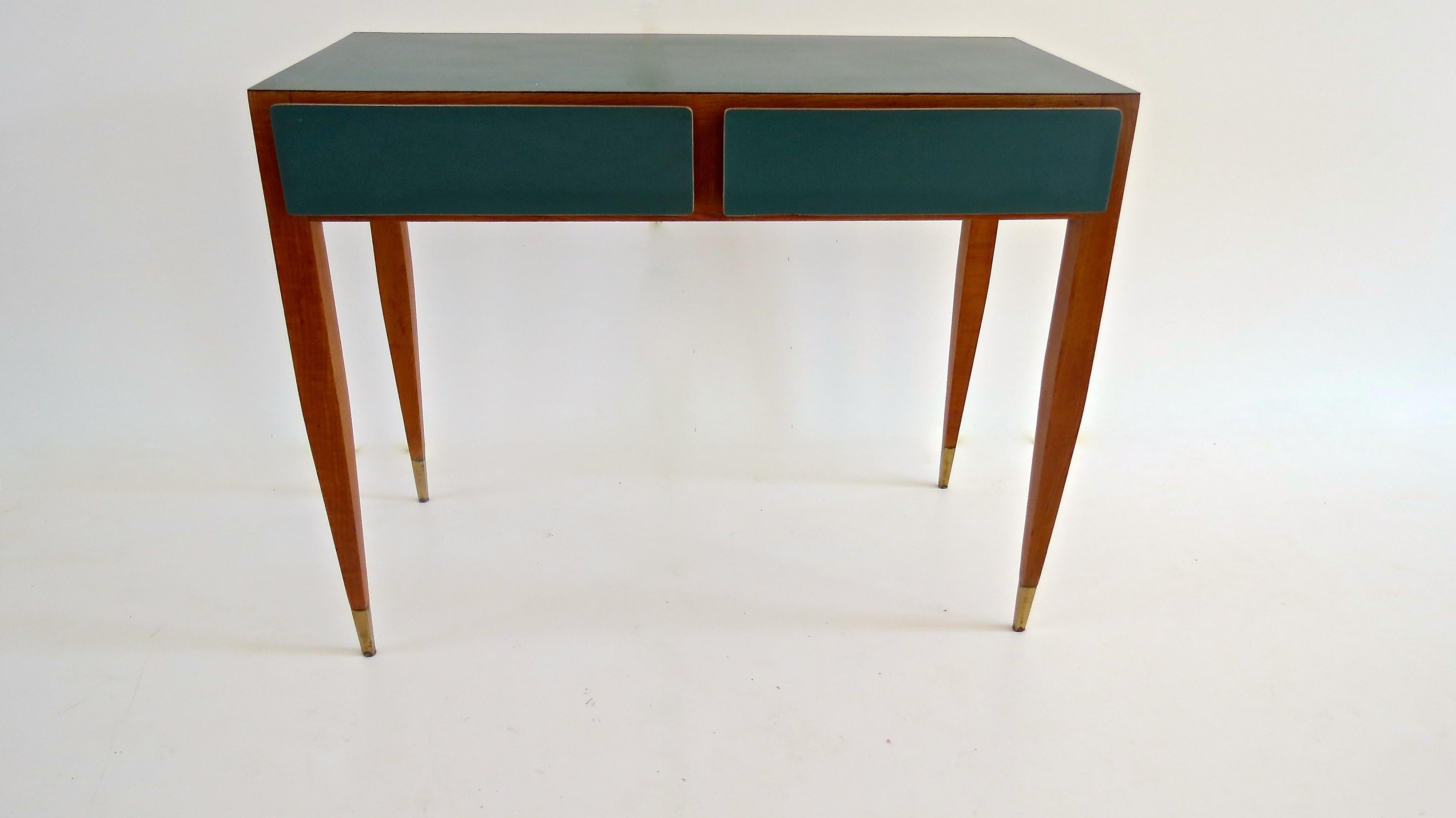 Rare vanity dressing table designed by Gio Ponti for the rooms of the Hotel Parco dei Principi in Roma
manufactured by Giordano Chiesa, 1964
two drawers
ash, laminate, nickel -plated brass- sold without the table mirror on top