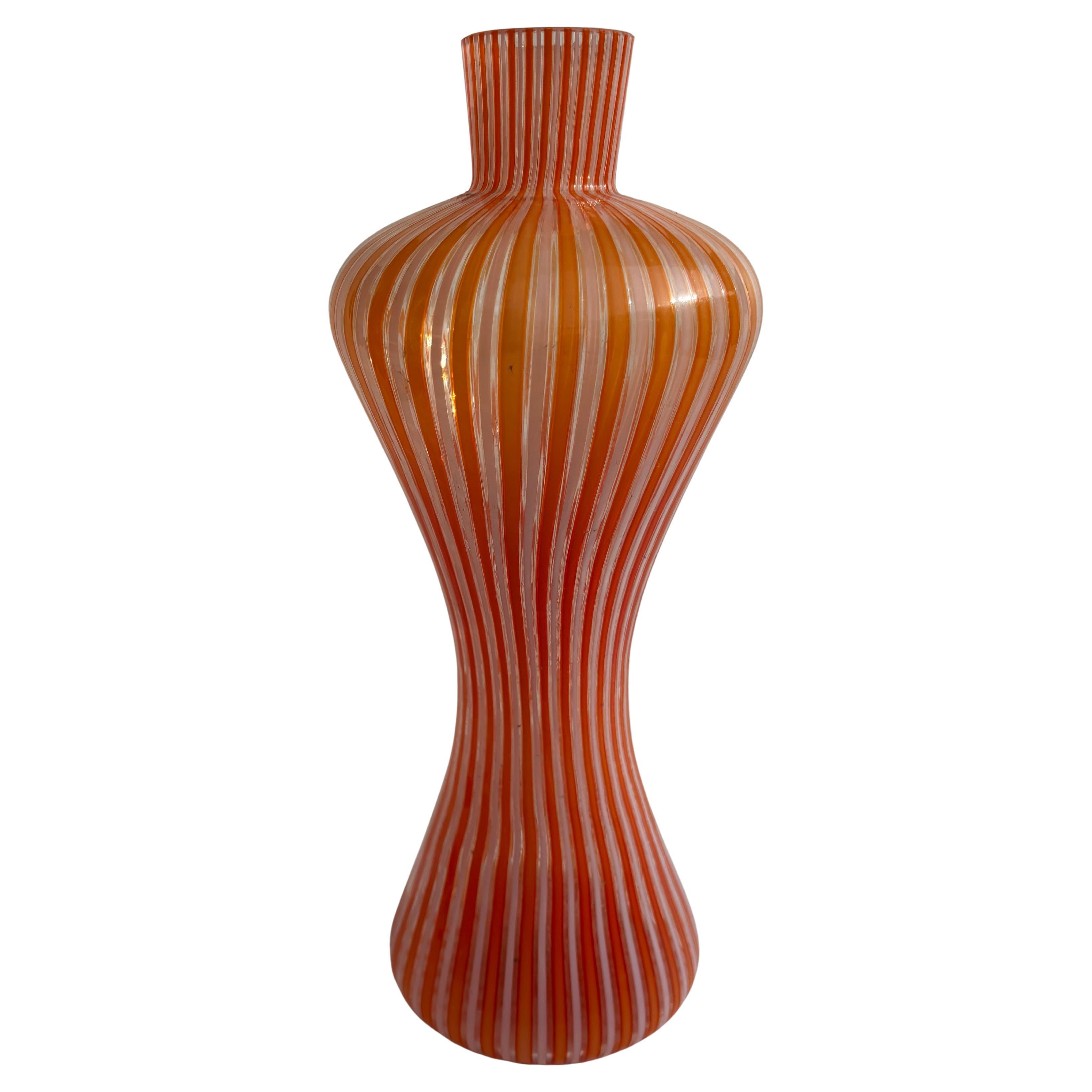Gio Ponti vase/bottle/carafe Murano glass "canne" corset for Venini orange.