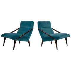 Gio Ponti Velvet Lounge Chairs in Walnut & Brass for M. Singer and Sons, 1950s