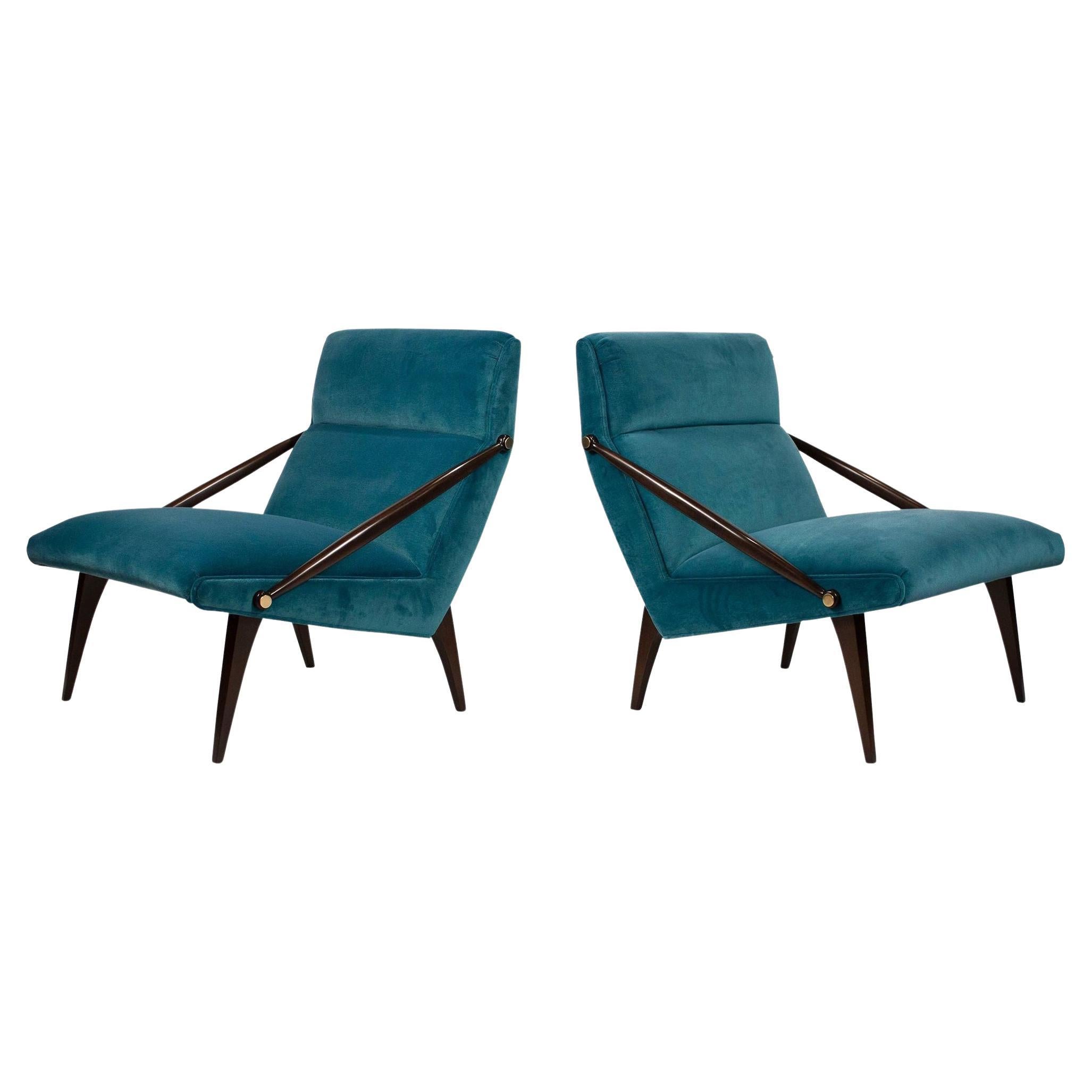 Gio Ponti Velvet Lounge Chairs in Walnut & Brass for M. Singer and Sons, 1950s For Sale