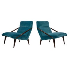 Retro Gio Ponti Velvet Lounge Chairs in Walnut & Brass for M. Singer and Sons, 1950s