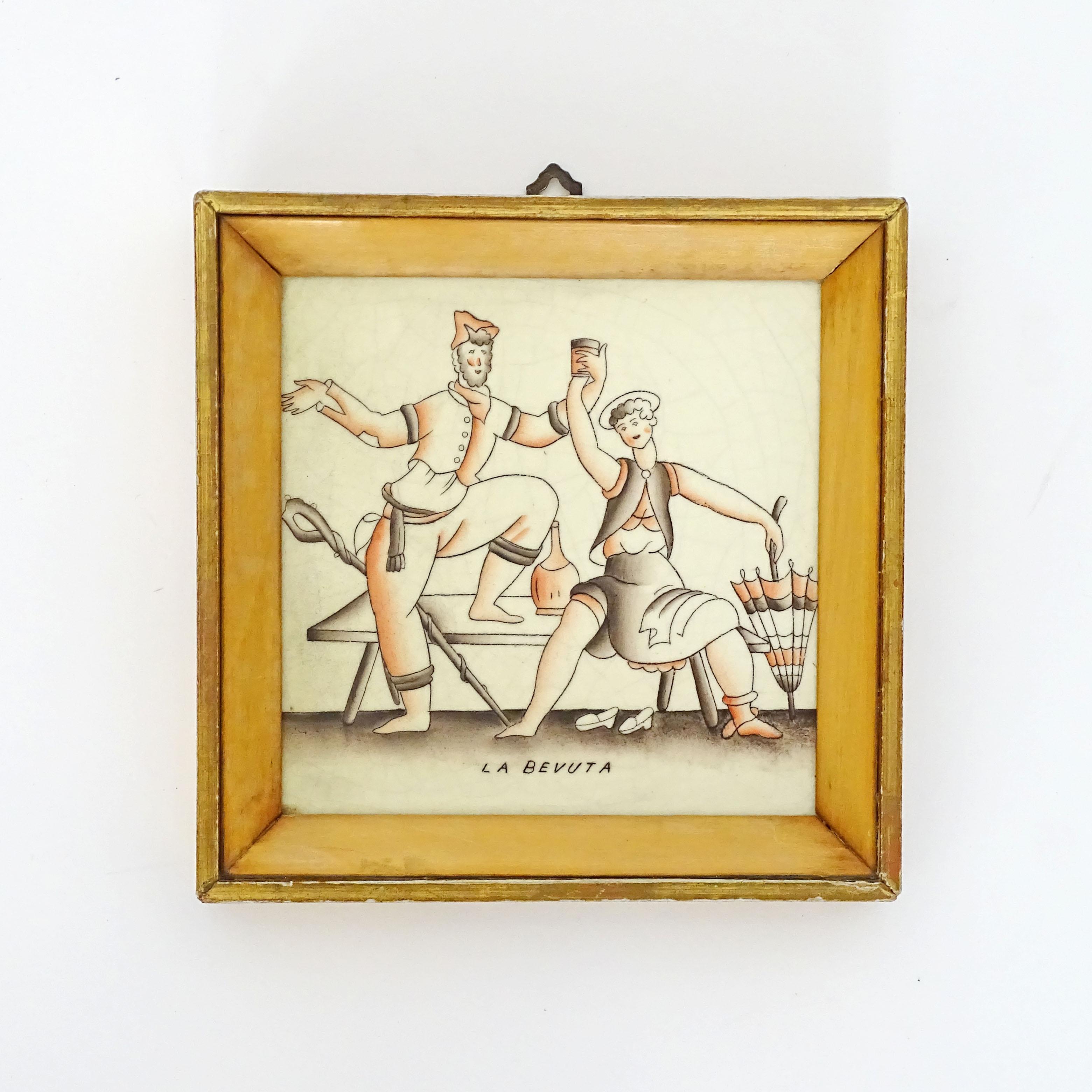 Gio Ponti two 'Vendemmia' series tiles in frames for Richard Ginori, Italy, 1920s
Fully marked.
  