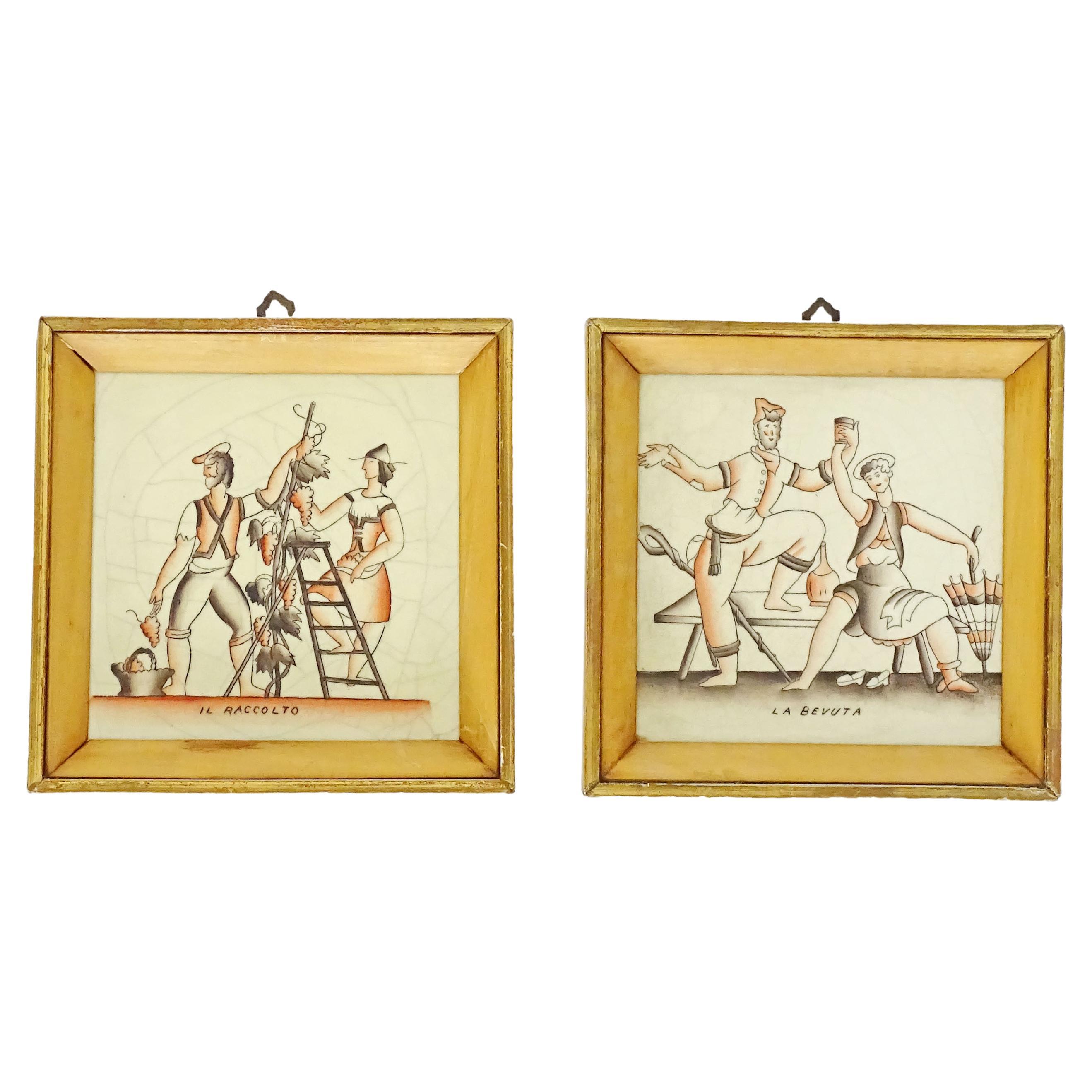 Deux carreaux de la série « Vendemmia » de Gio Ponti pour Richard Ginori, Italie, années 1920