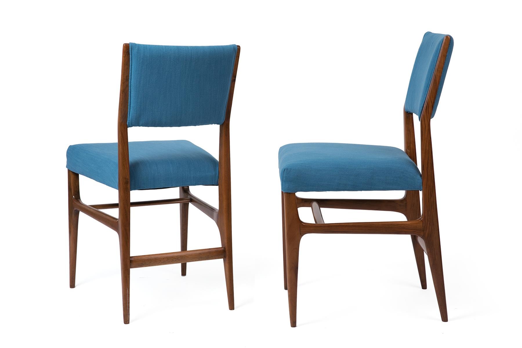 Mid-Century Modern Gio Ponti Walnut Dining Chairs for Singer & Sons with Blue Upholstery, Set of 4 