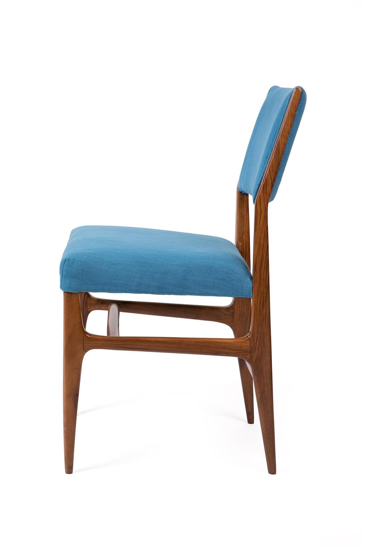 Italian Gio Ponti Walnut Dining Chairs for Singer & Sons with Blue Upholstery, Set of 4 
