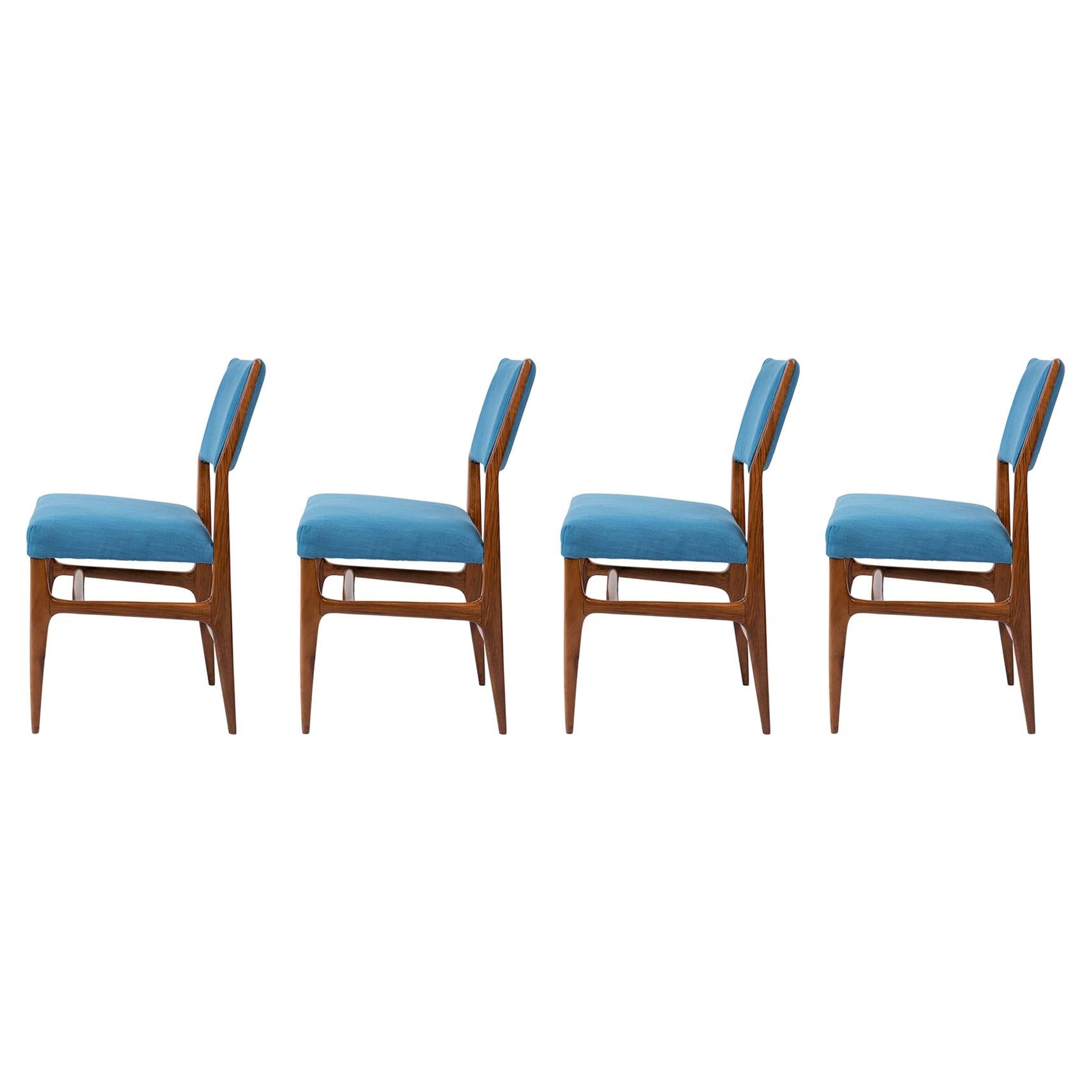 Gio Ponti Walnut Dining Chairs for Singer & Sons with Blue Upholstery, Set of 4 