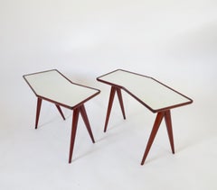 Gio Ponti Pair of Walnut Side Tables Mirrored Glass Tops Asymmetrical Forms