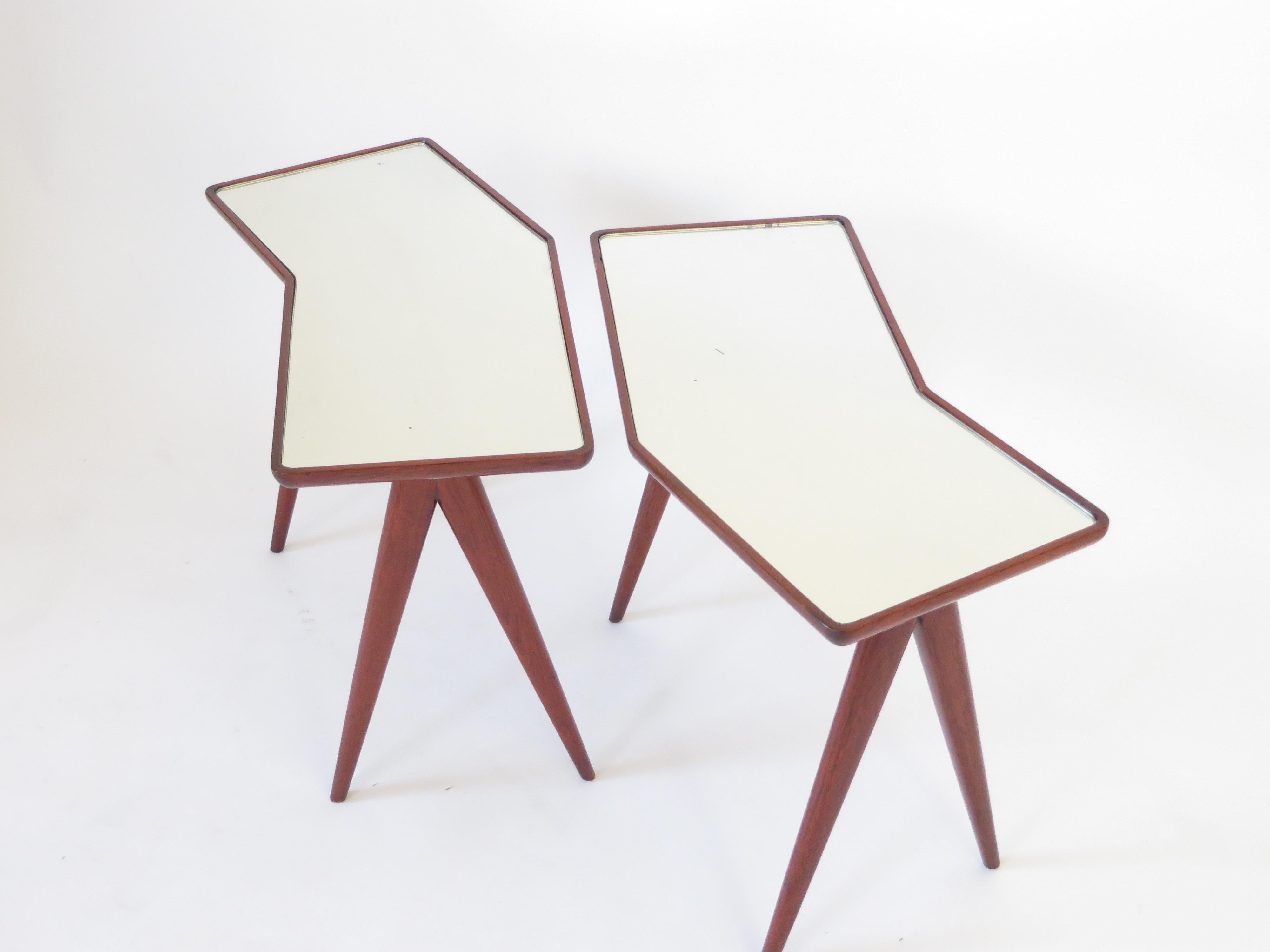 Mid-Century Modern Gio Ponti Pair of Walnut Side Tables Mirrored Glass Tops Asymmetrical Forms