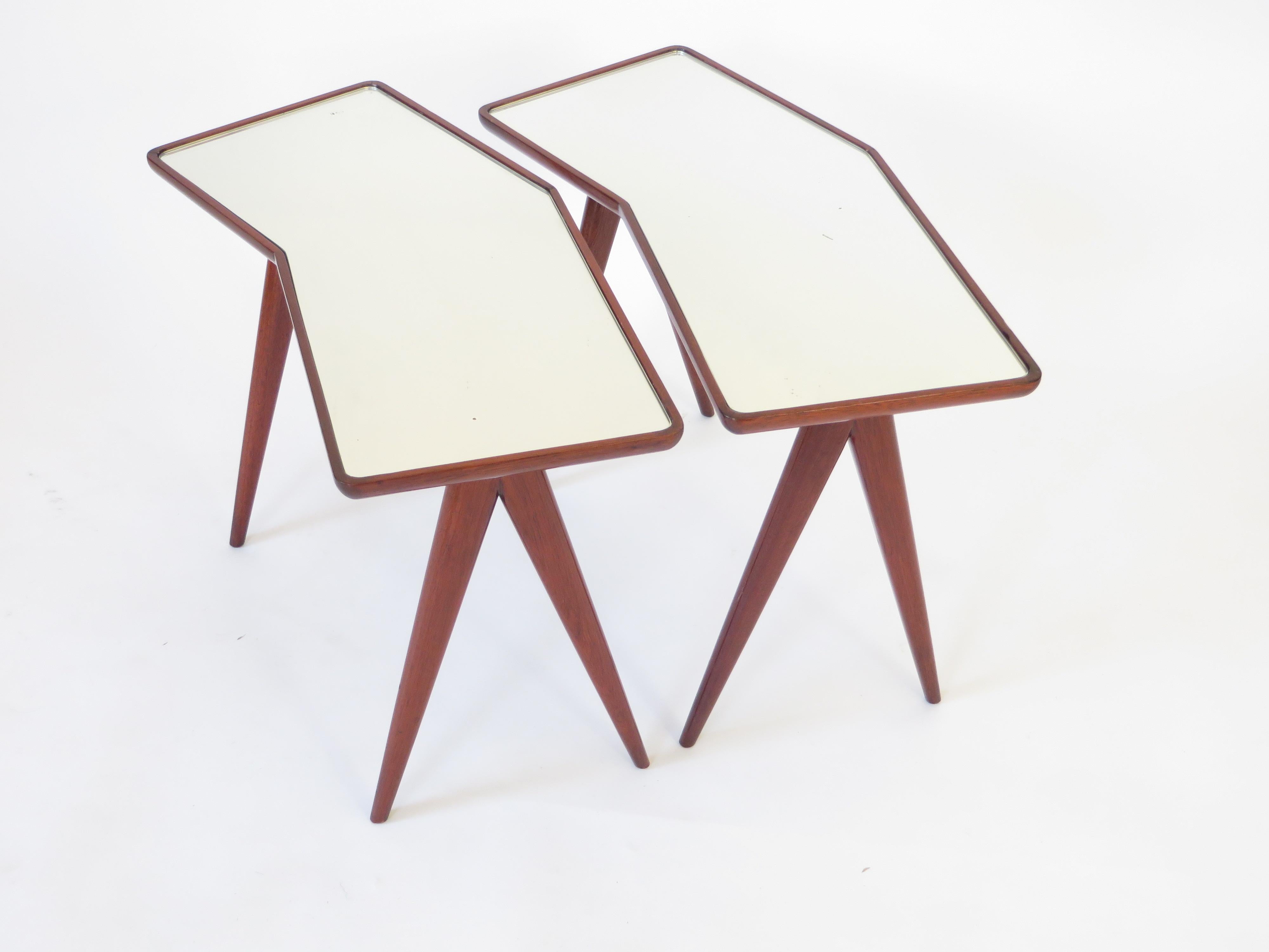 Italian Gio Ponti Pair of Walnut Side Tables Mirrored Glass Tops Asymmetrical Forms