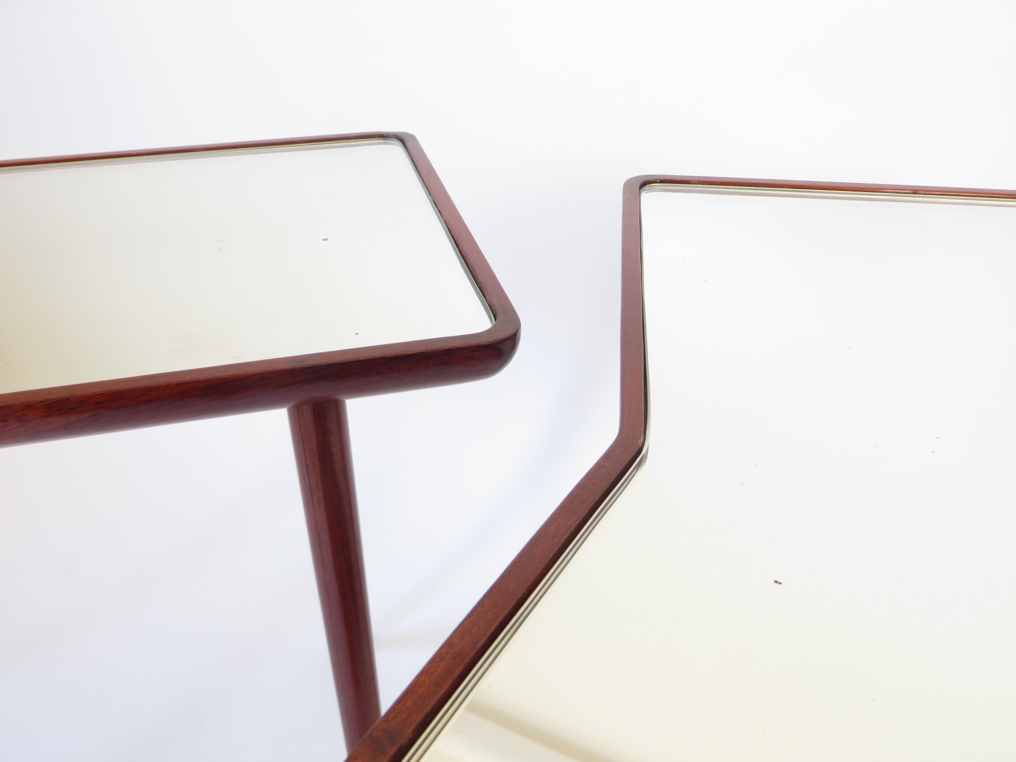 Mid-20th Century Gio Ponti Pair of Walnut Side Tables Mirrored Glass Tops Asymmetrical Forms