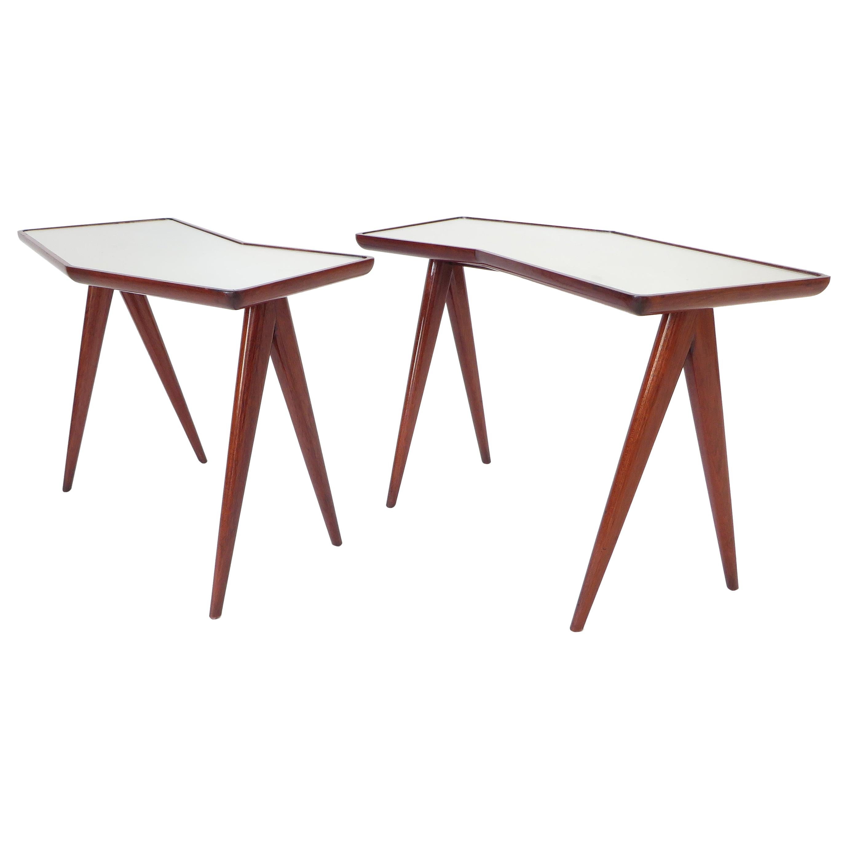 Gio Ponti Pair of Walnut Side Tables Mirrored Glass Tops Asymmetrical Forms