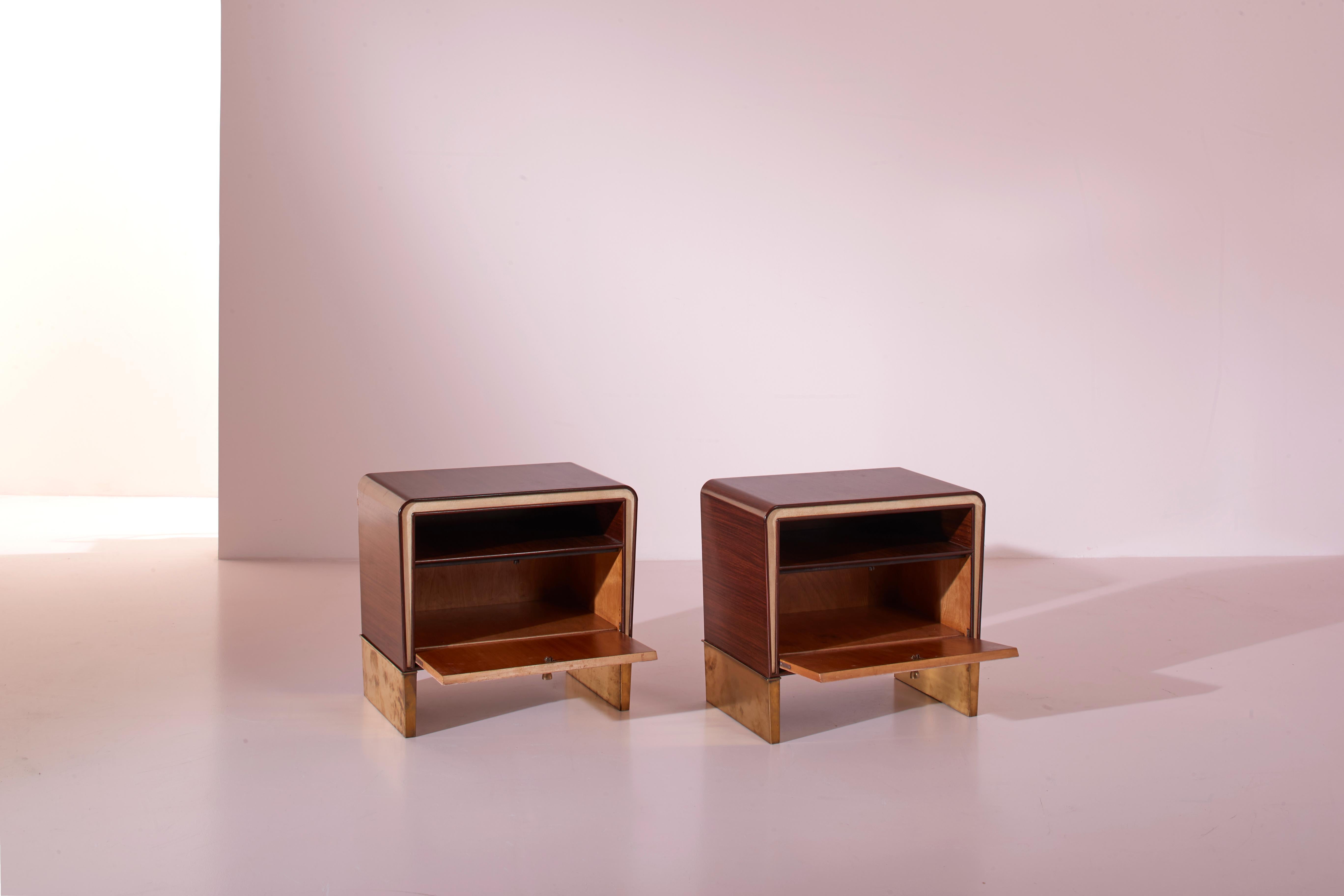 Italian Gio Ponti walnut, parchment and brass bedside tables, Italy, 1930s
