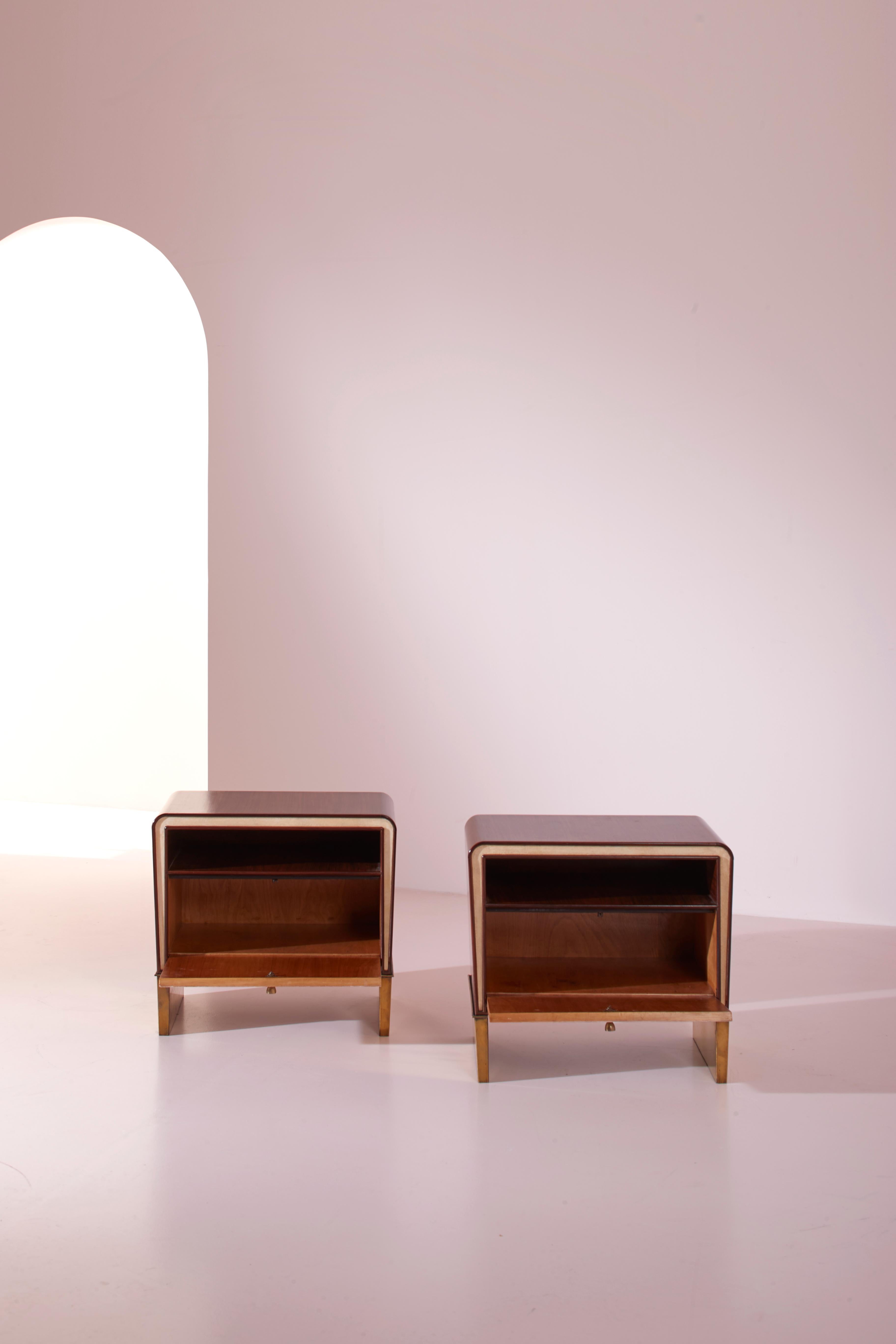 Mid-20th Century Gio Ponti walnut, parchment and brass bedside tables, Italy, 1930s
