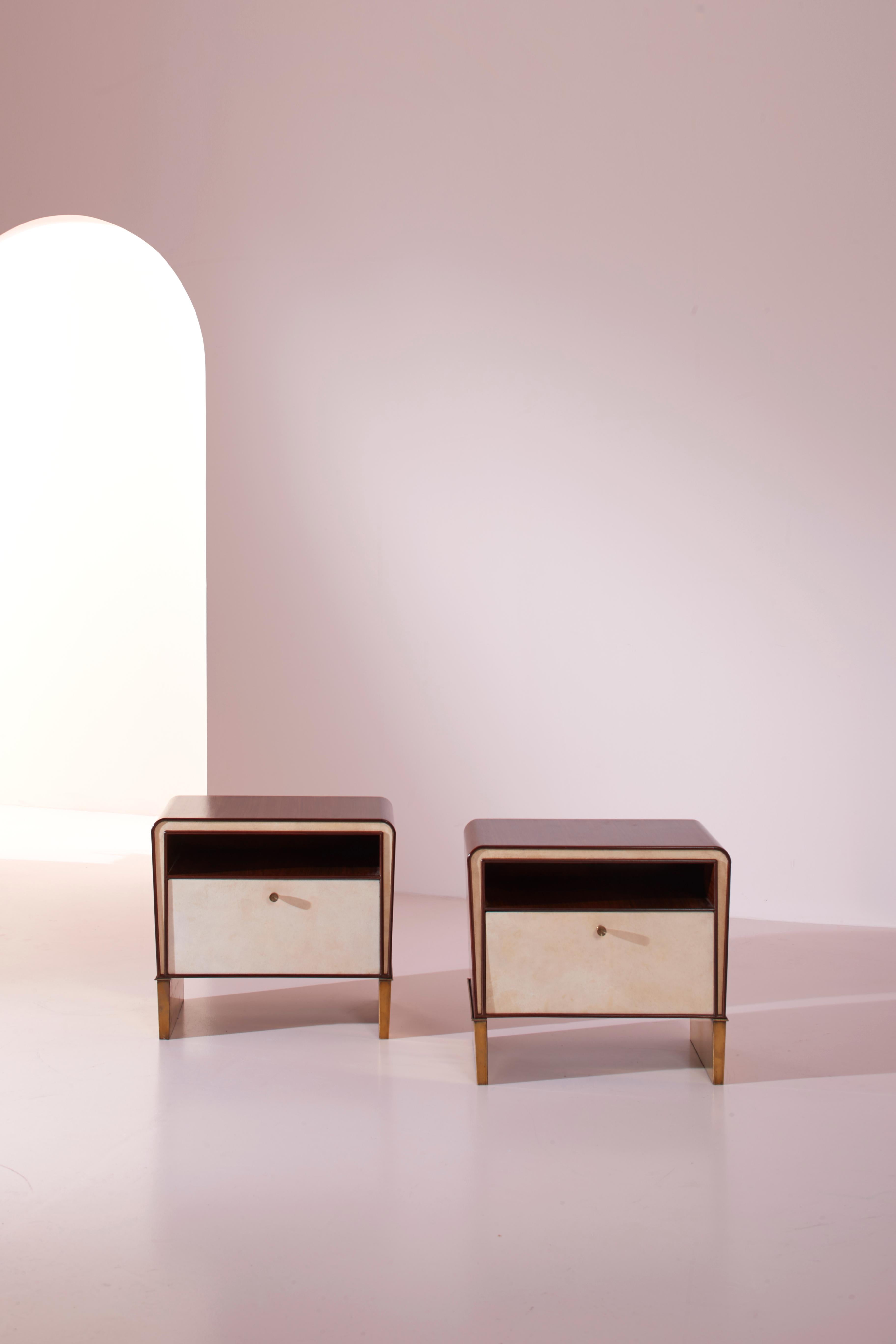 Brass Gio Ponti walnut, parchment and brass bedside tables, Italy, 1930s