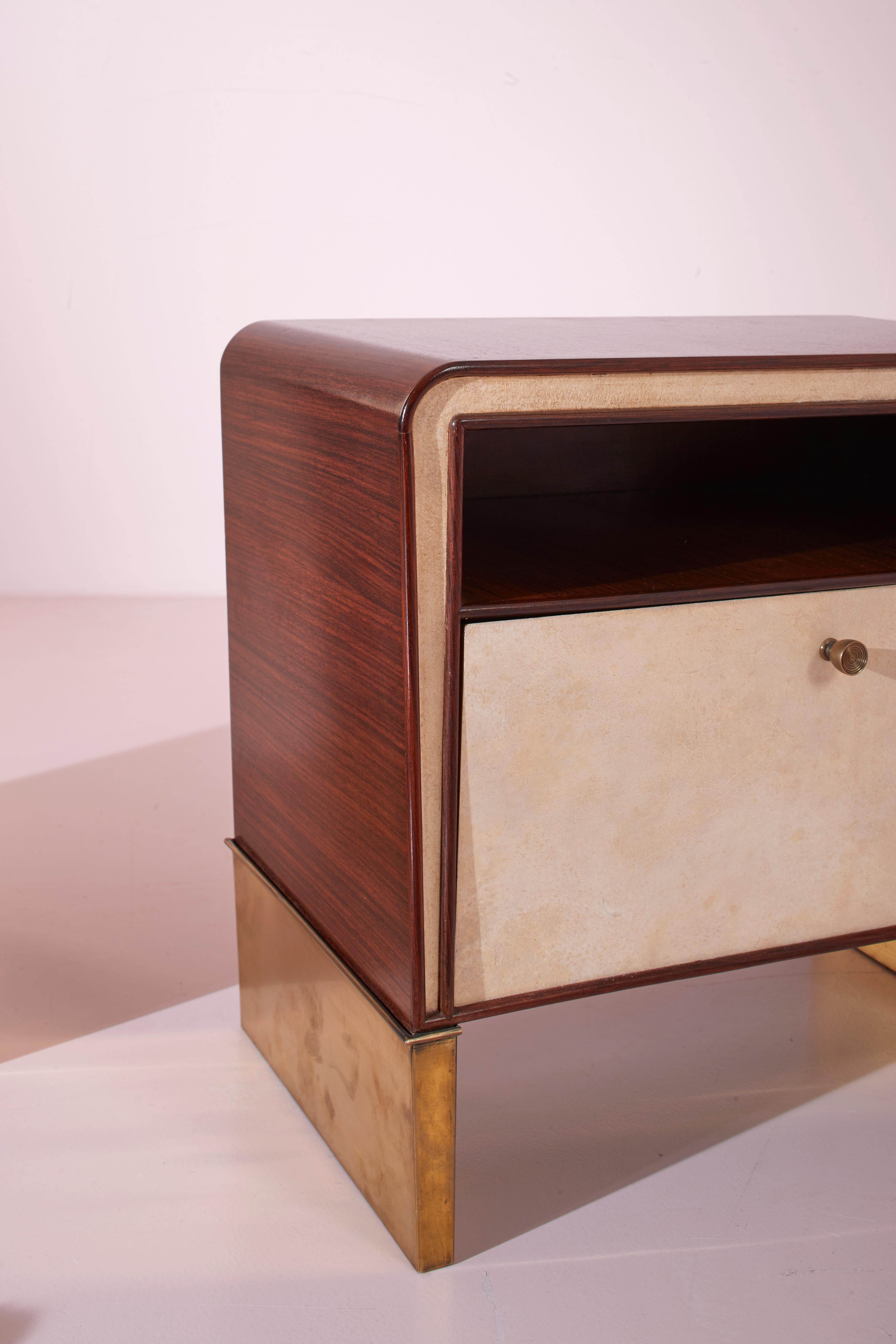 Gio Ponti walnut, parchment and brass bedside tables, Italy, 1930s 1