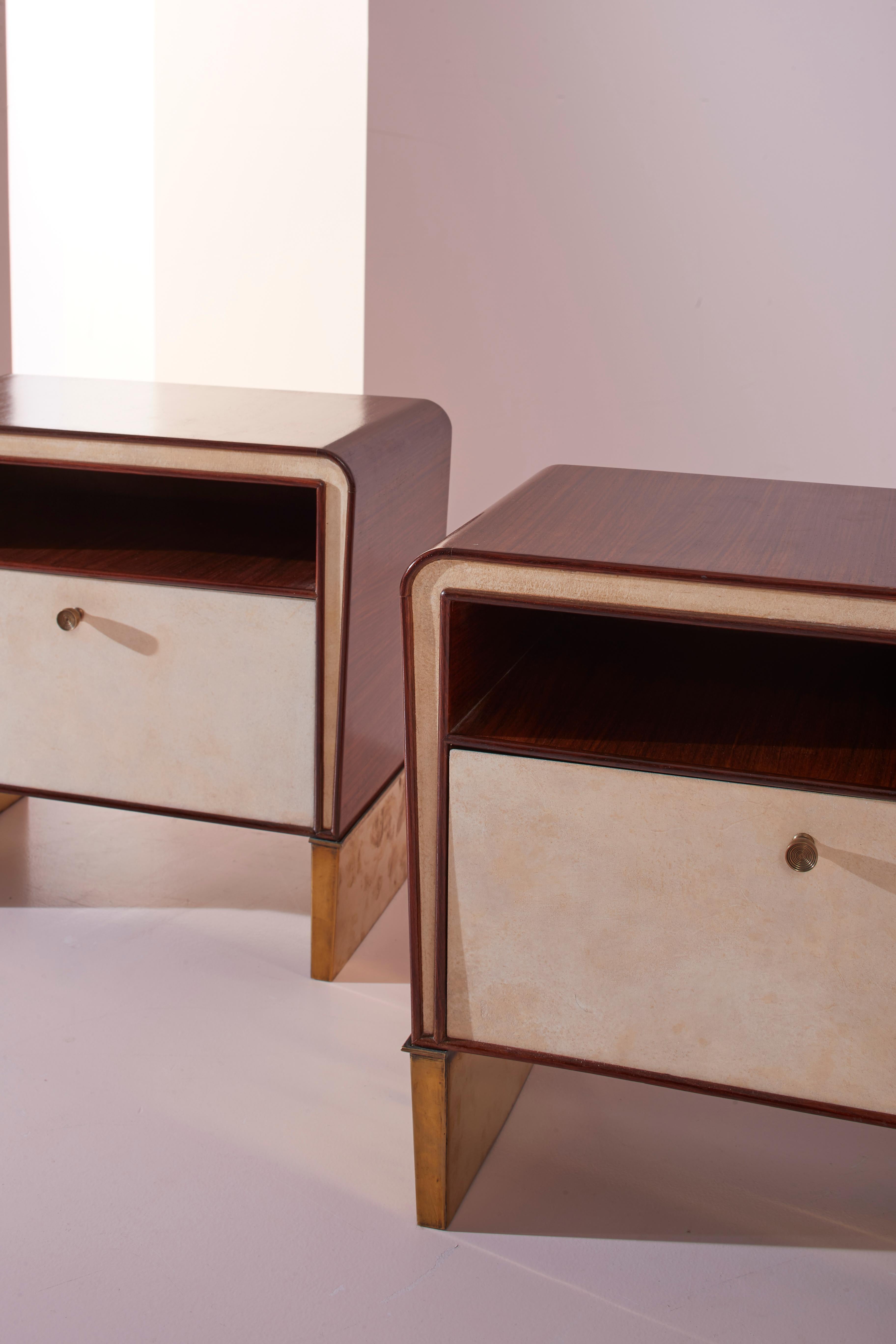 Gio Ponti walnut, parchment and brass bedside tables, Italy, 1930s 3