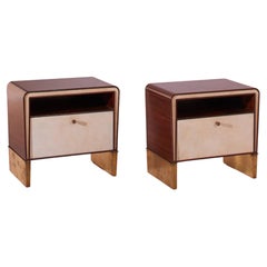 Gio Ponti walnut, parchment and brass bedside tables, Italy, 1930s