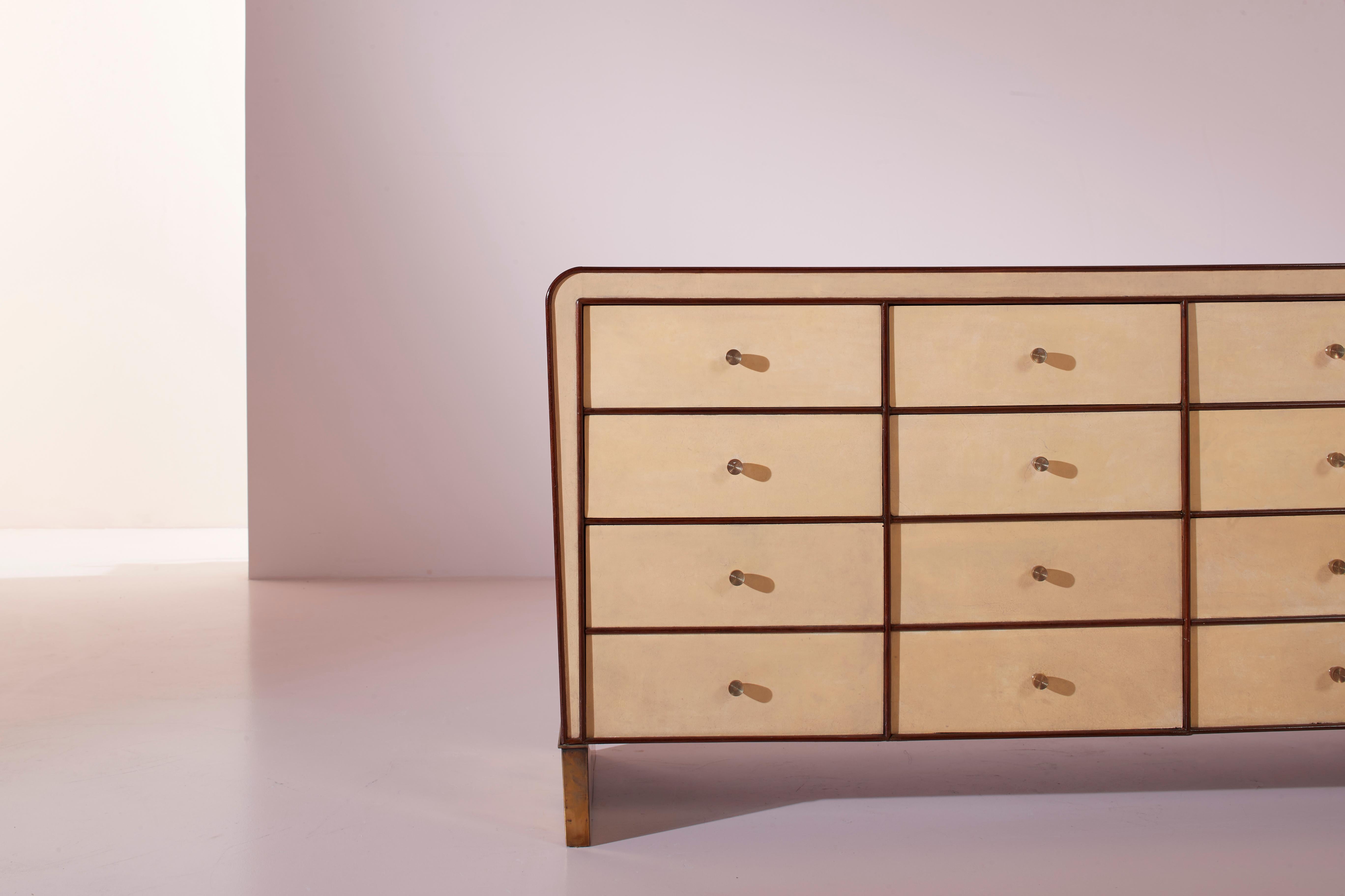 Gio Ponti walnut, parchment and brass chest of drawers, Italy, 1930s 5