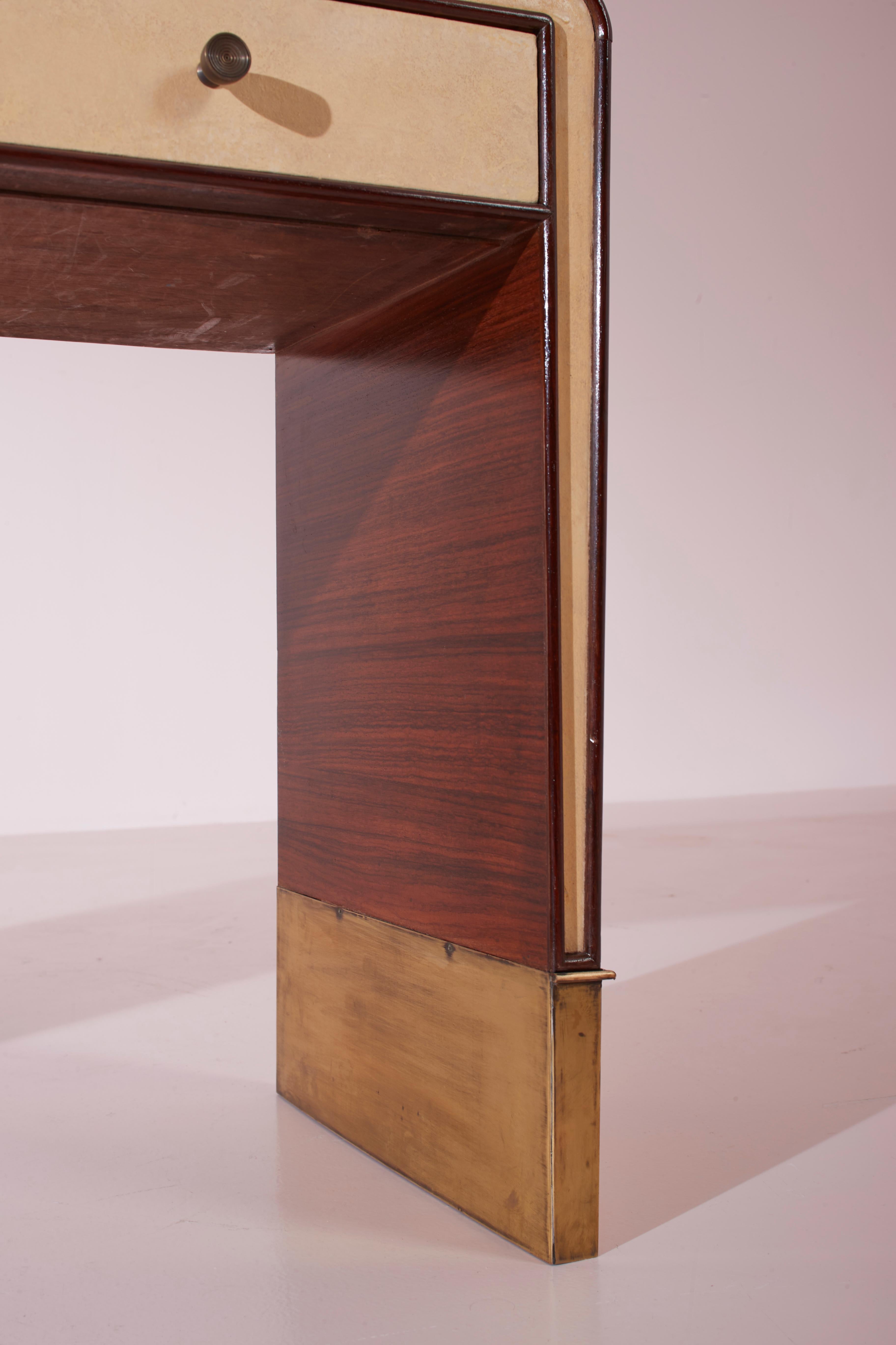 Gio Ponti walnut, parchment, and brass console or dressing table, Italy, 1930s For Sale 3