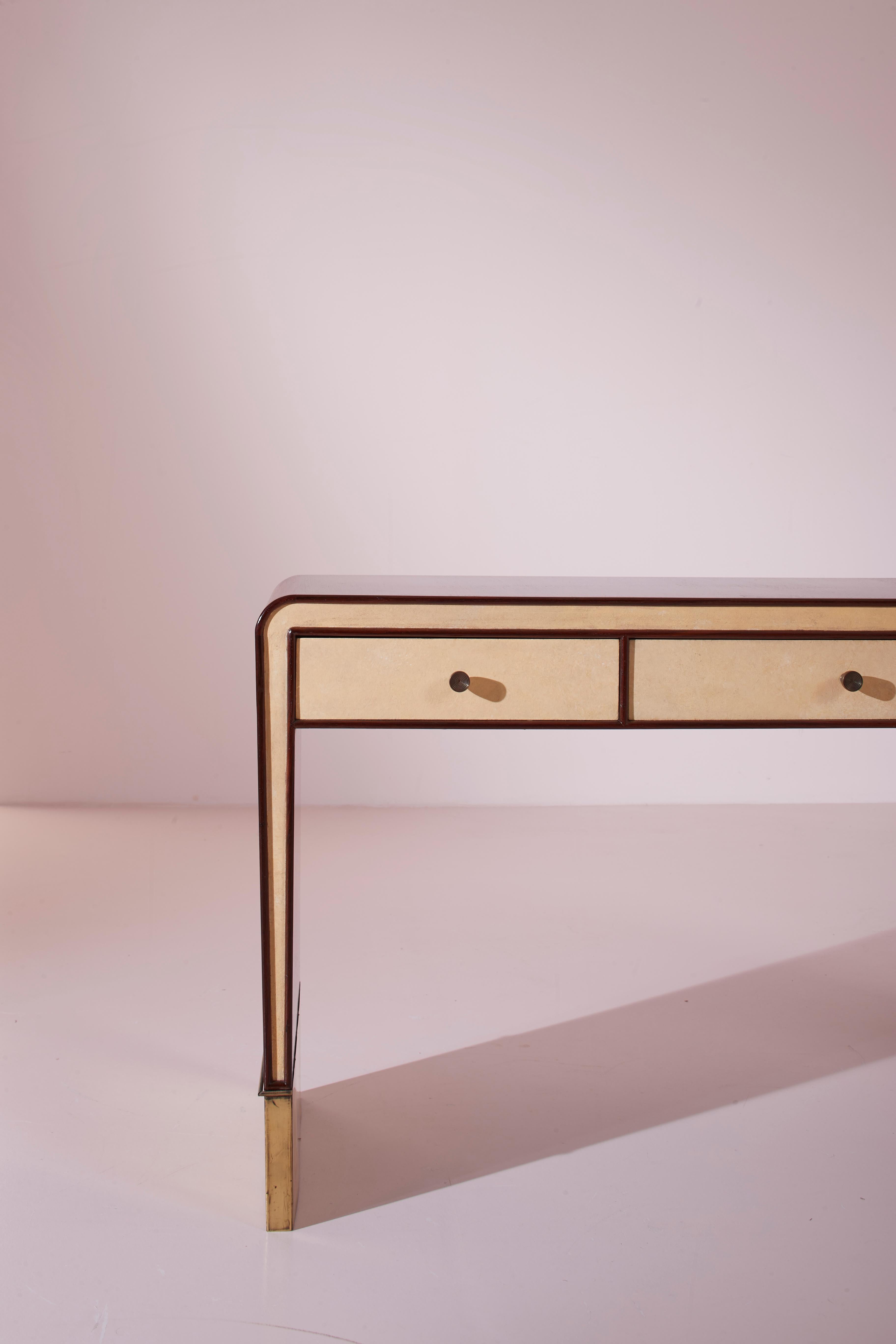 Italian Gio Ponti walnut, parchment, and brass console or dressing table, Italy, 1930s For Sale