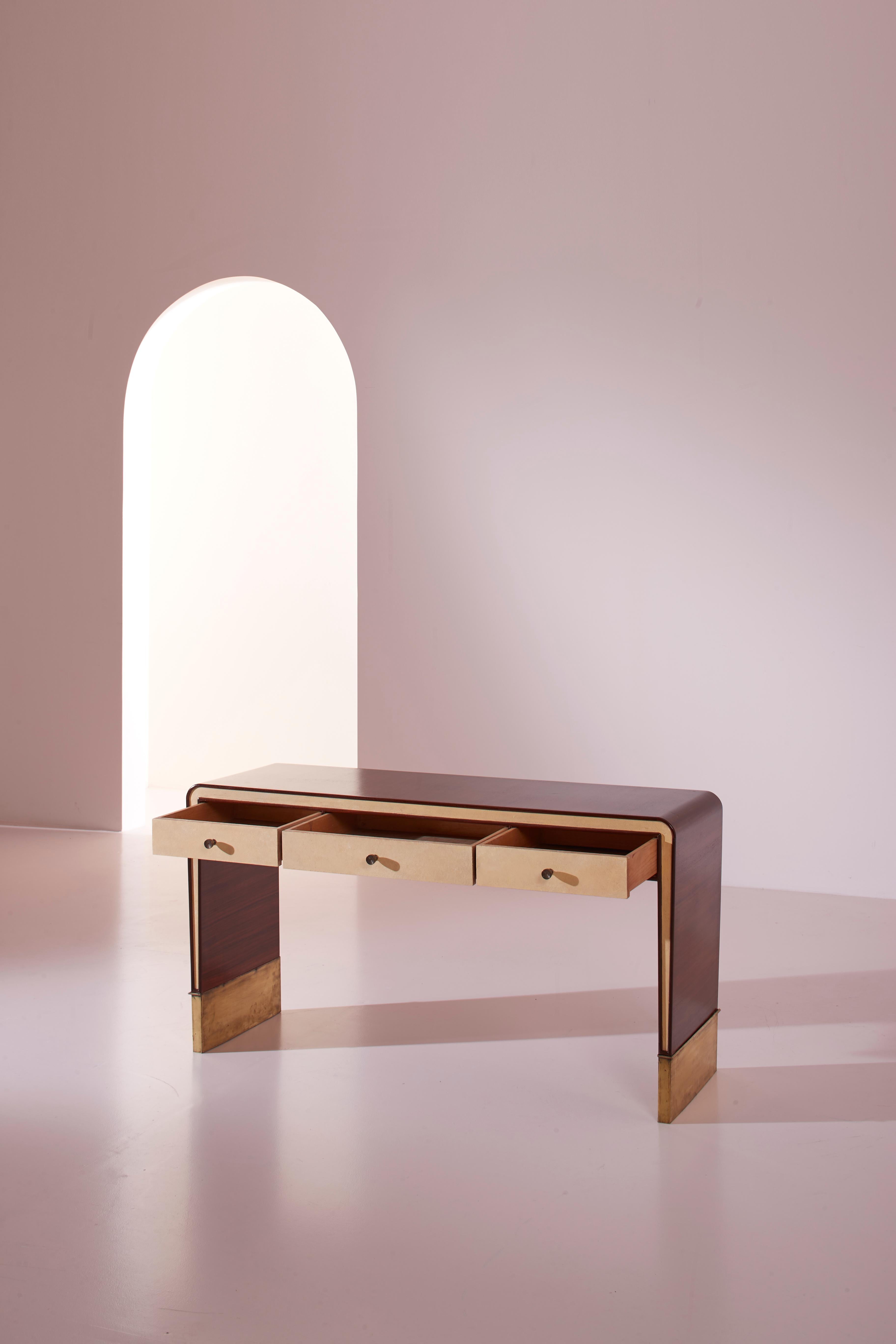 Mid-20th Century Gio Ponti walnut, parchment, and brass console or dressing table, Italy, 1930s For Sale