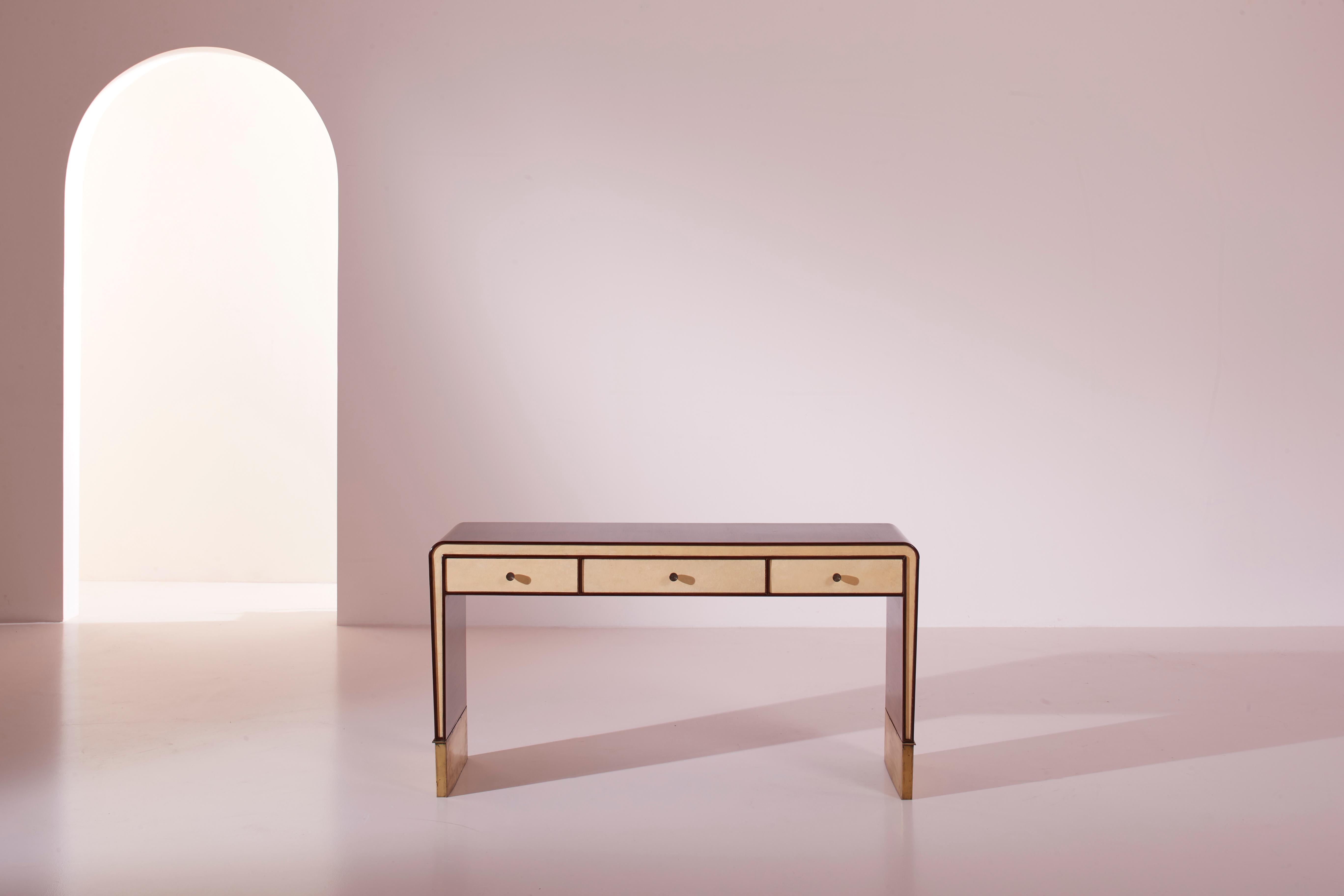 Brass Gio Ponti walnut, parchment, and brass console or dressing table, Italy, 1930s For Sale