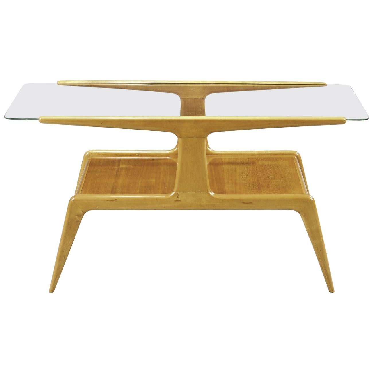 Gio Ponti Wooden and Crystal Coffee Table with Two Shelves from 1950s